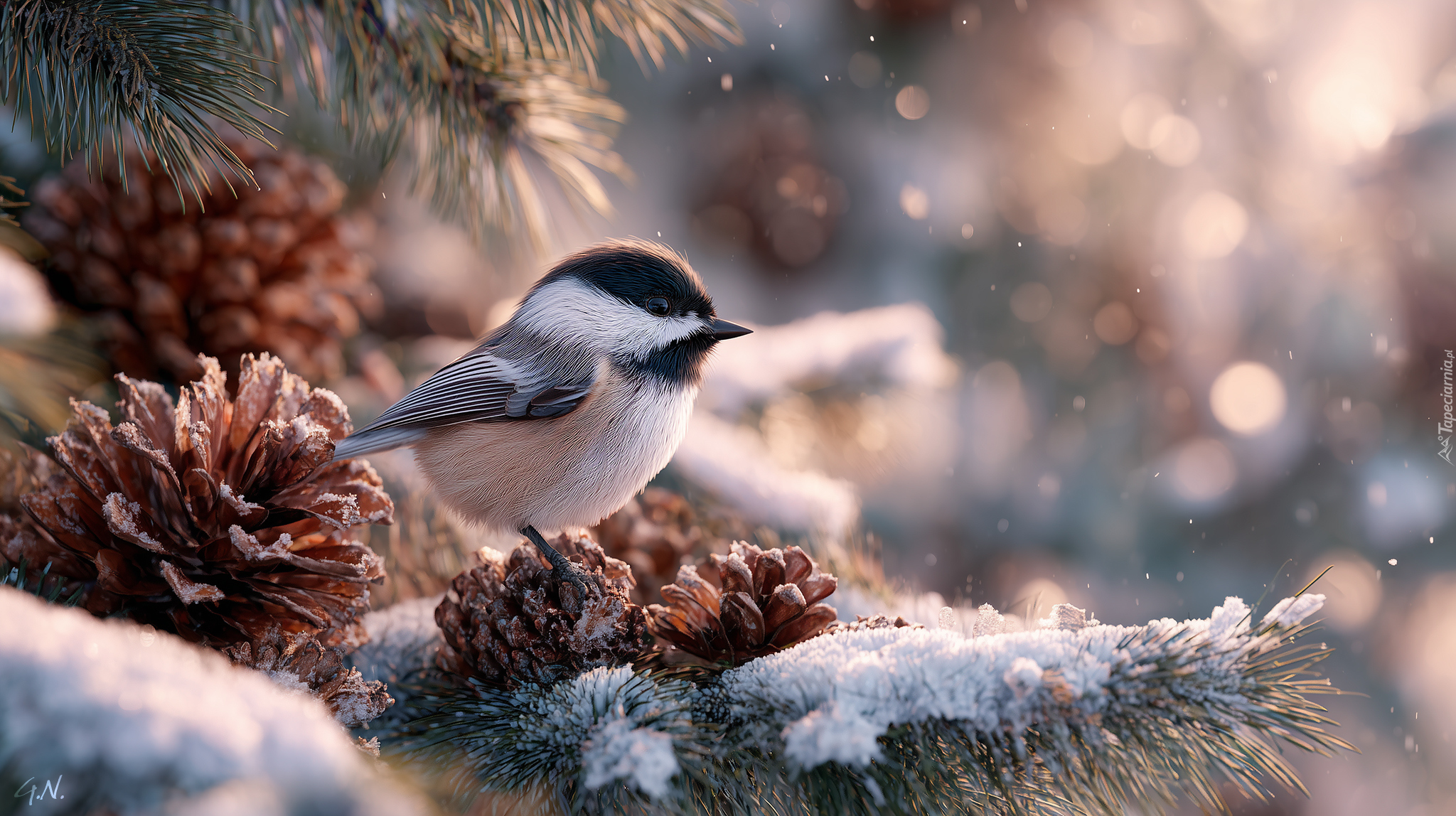 Sikorka czarnogłówka, Szyszki, Sosna, Zima, Grafika AI