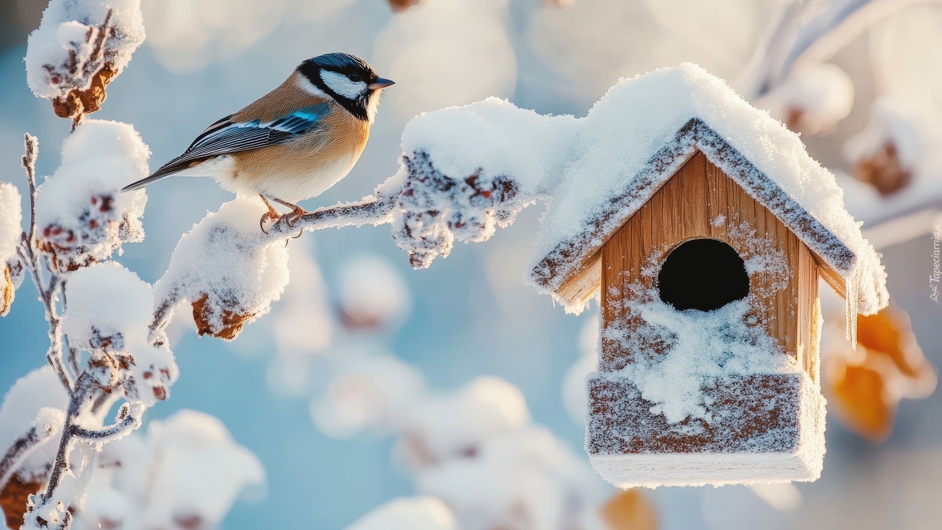 Zima, Ptak, Sikorka, Ośnieżona, Gałązka, Karmnik