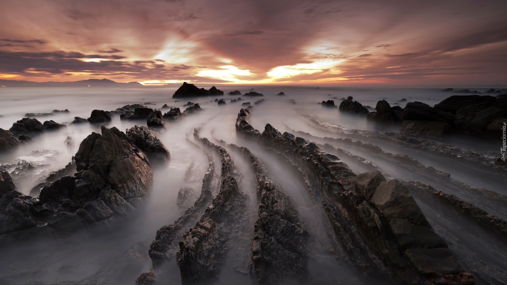 Hiszpania, Barrika, Morze, Skały, Plaża, Zmierzch