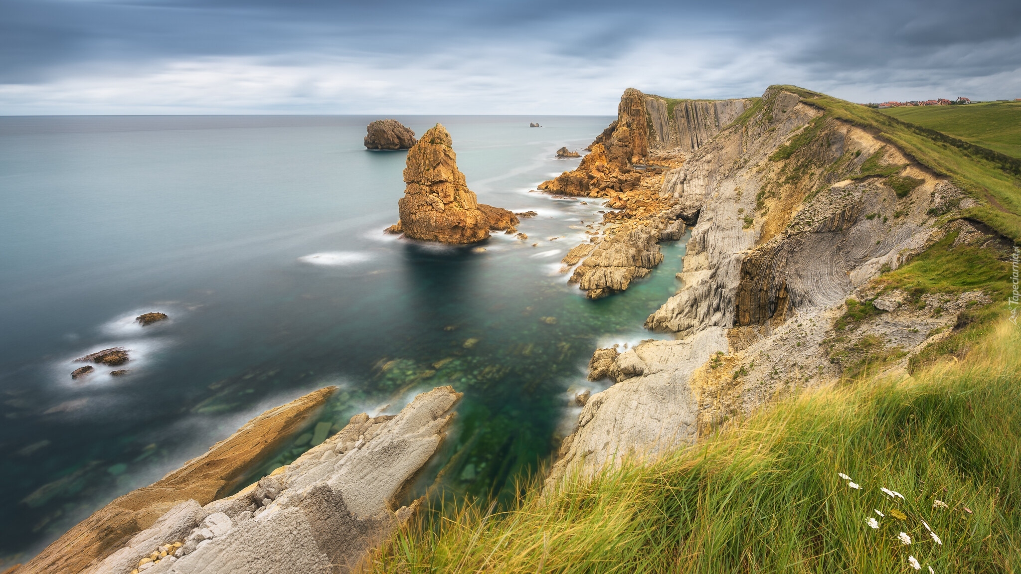 Morze, Wybrzeże, Costa Quebrada, Skały, Zatoka Biskajska, Trawa, Hiszpania