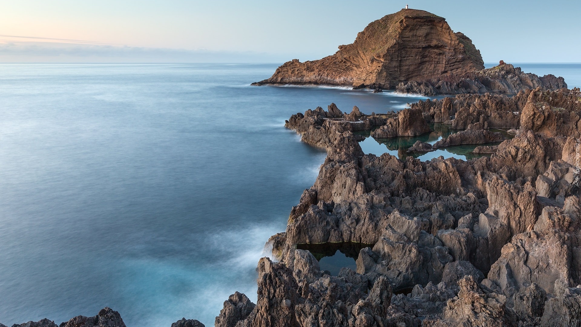 Poranek, Morze, Góry, Skały, Porto Moniz, Madera, Portugalia