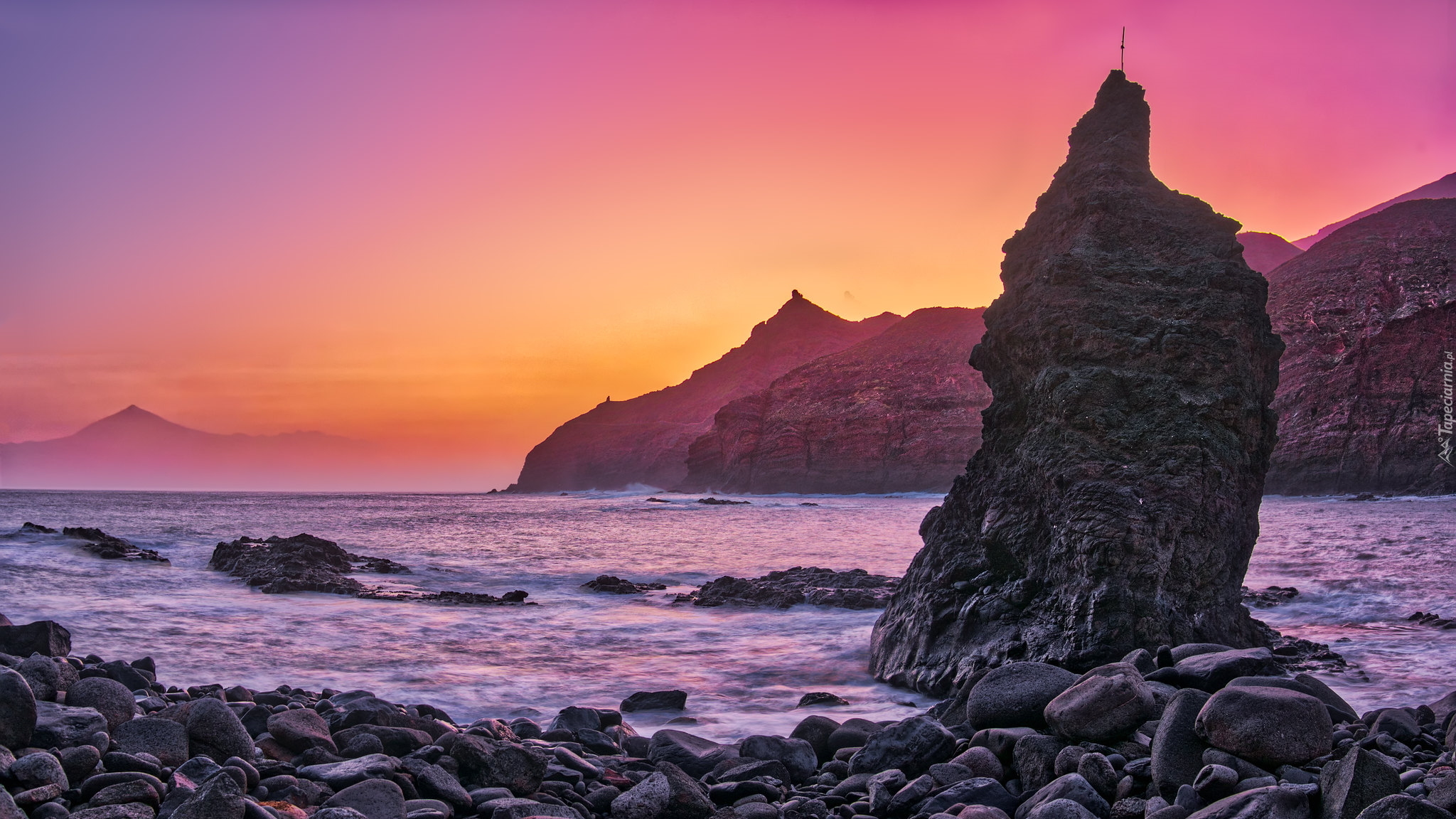 Wschód słońca, Morze, Wybrzeże, Skały, Kamienie, Playa de Caleta, La Gomera, Wyspy Kanaryjskie, Hiszpania