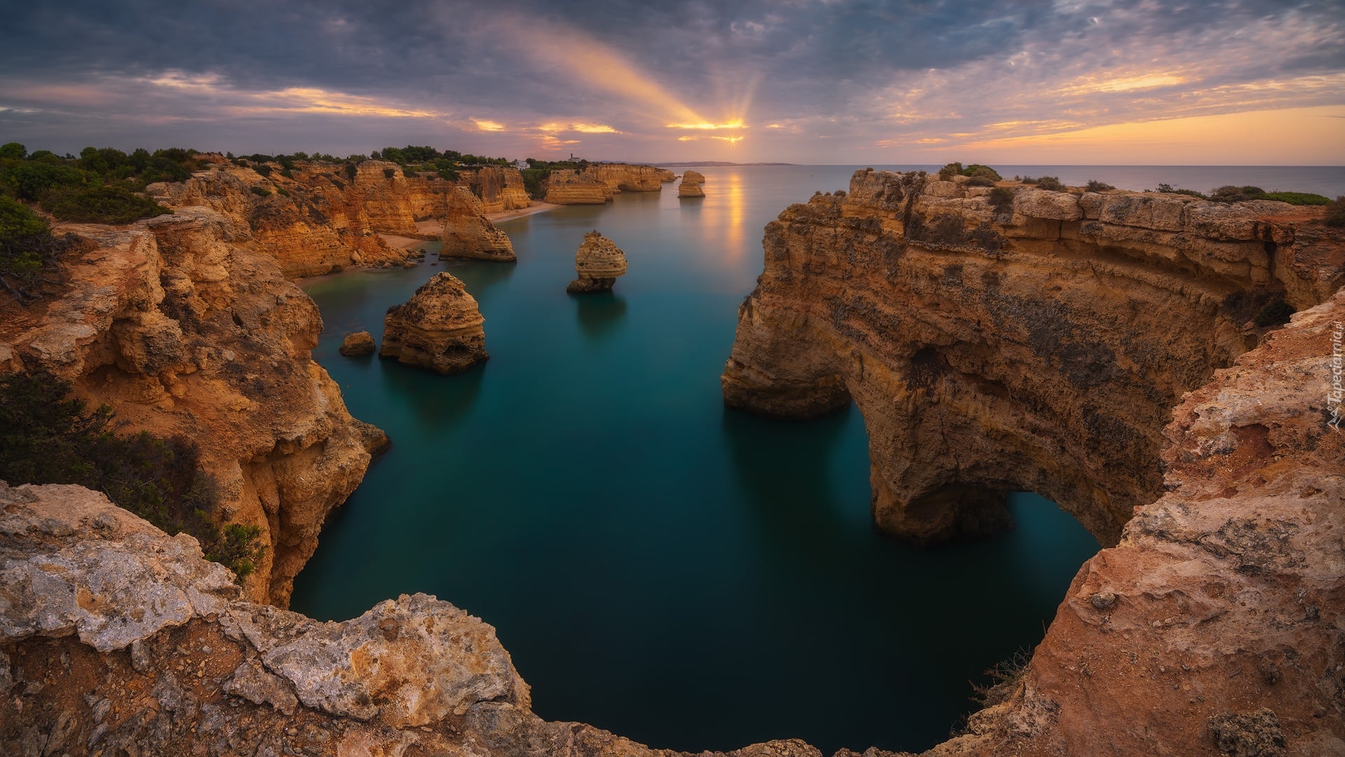 Wybrzeże, Skały, Wschód słońca, Morze, Ocean Atlantycki, Region Algarve, Portugalia