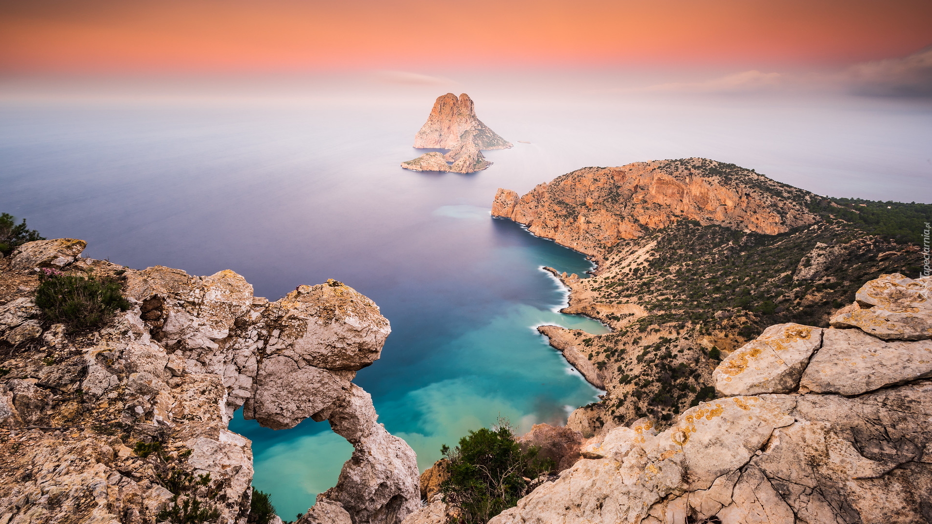 Morze Śródziemne, Mgła, Skały, Zatoka, Baleary, Ibiza, Hiszpania