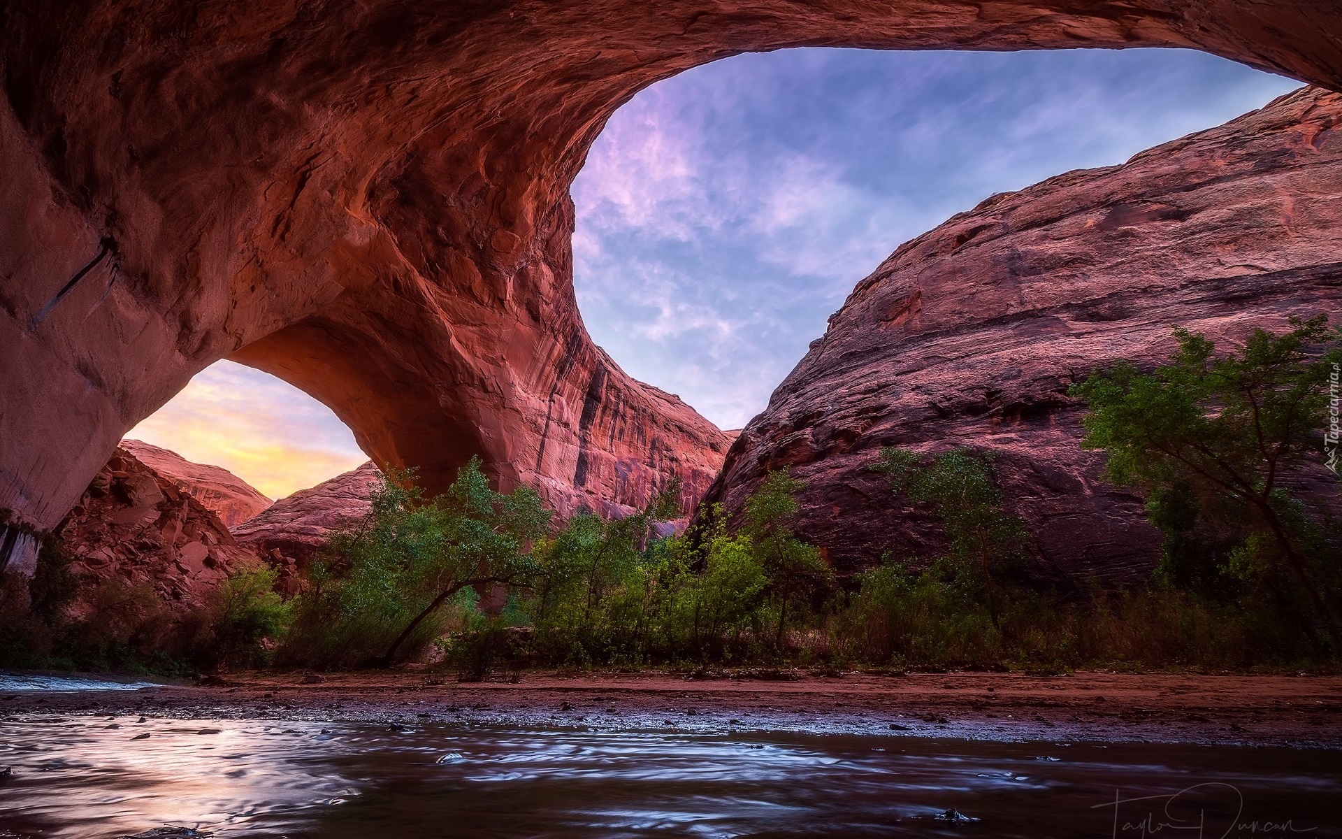 Skały, Łuk Jacoba Hamblina, Drzewa, Rzeka Coyote Gulch, Utah, Stany Zjednoczone