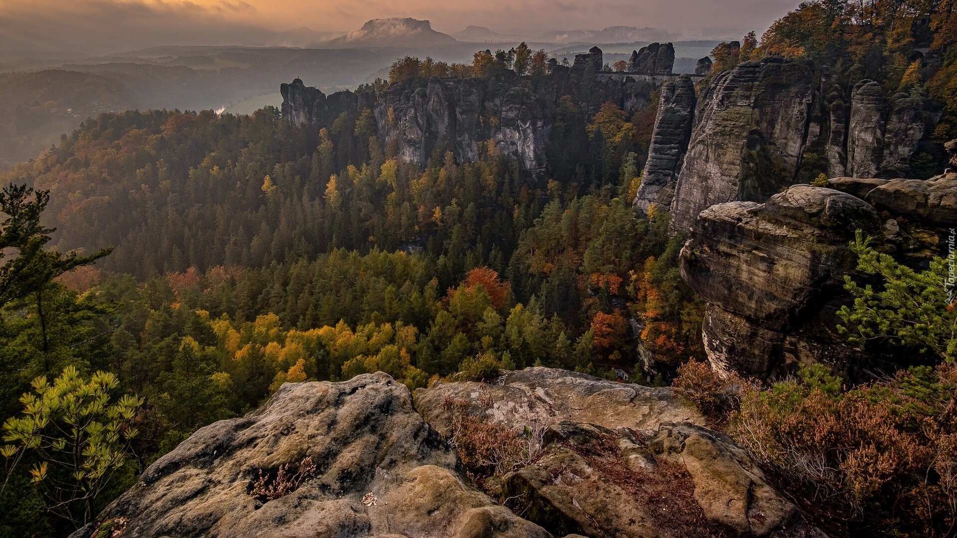 Jesień, Góry, Skały, Bastei, Drzewa, Park Narodowy Saskiej Szwajcarii, Niemcy