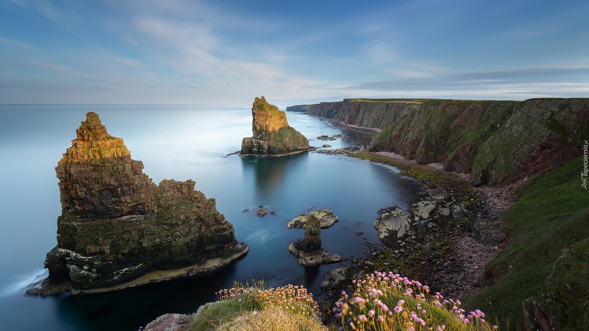 Przylądek Duncansby Head, Morze, Klif, Wybrzeże, Skały, Duncansby Stacks, Roślinność, Szkocja