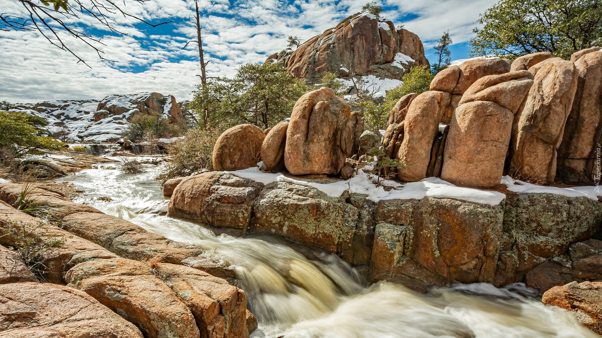 Góry, Skały, Granite Dells, Rzeka, Śnieg, Prescott, Arizona, Stany Zjednoczone