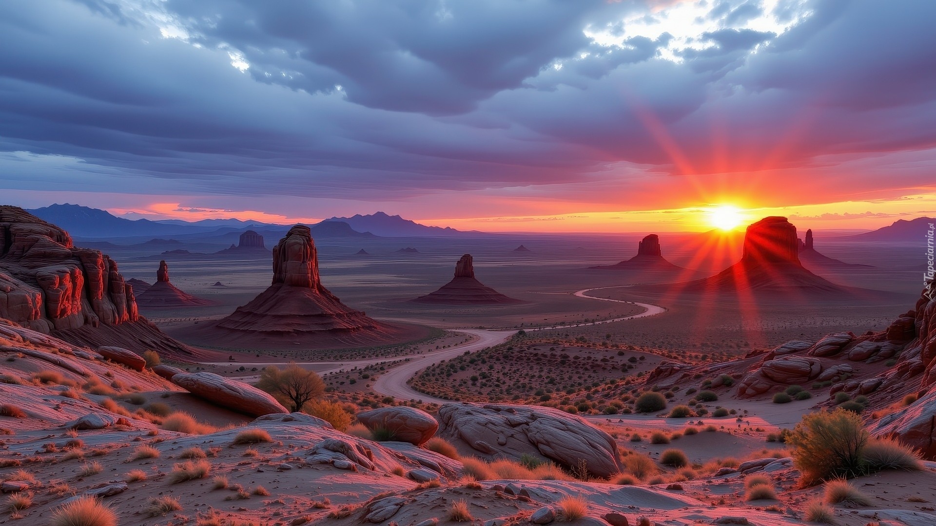 Stany Zjednoczone, Arizona, Zachód słońca, Skały, Rośliny, Góry, Kręta, Droga, Monument Valley, AI