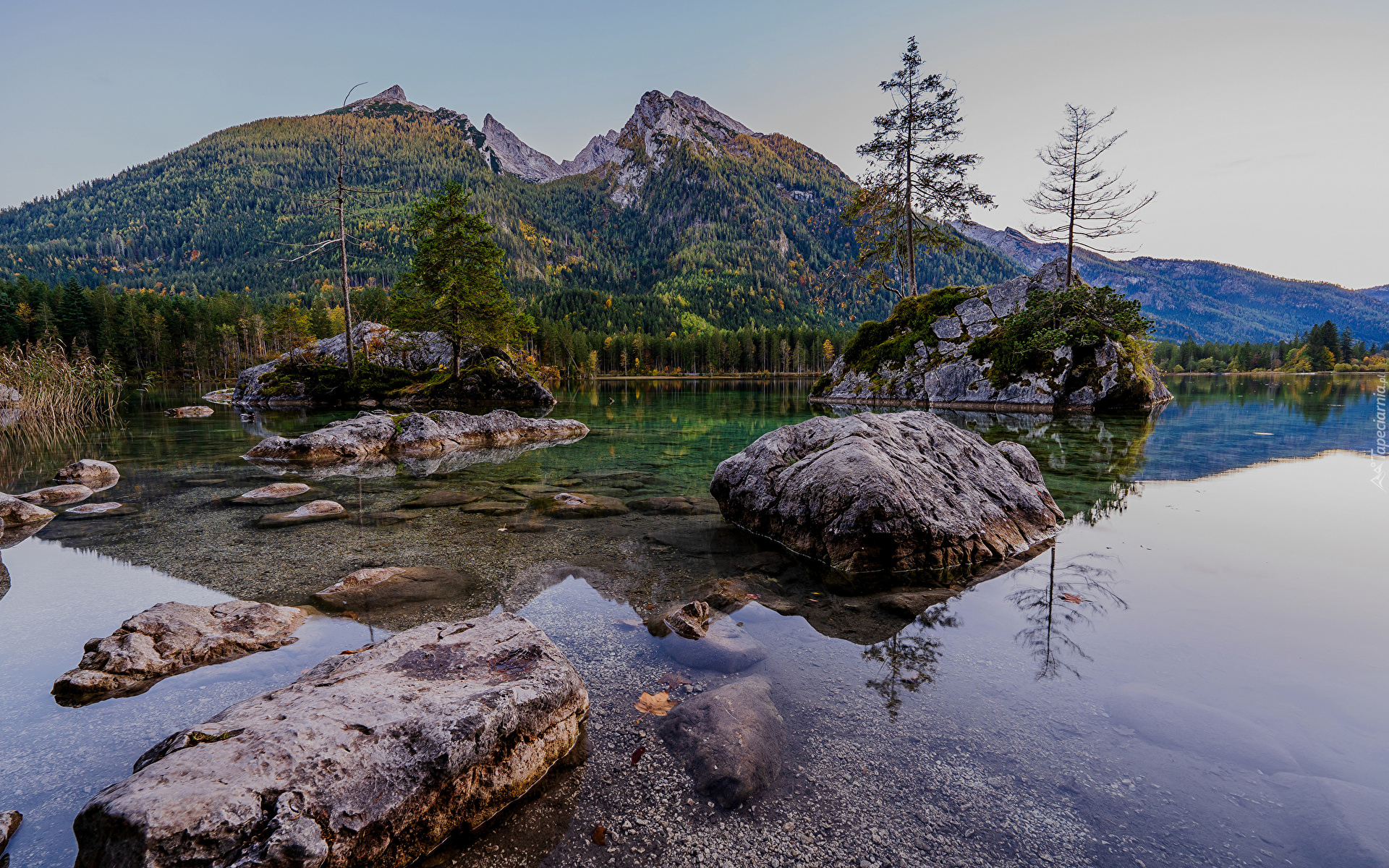 Niemcy, Bawaria, Gmina Berchtesgadener, Góry, Alpy, Las, Jezioro Hintersee, Kamienie, Skały