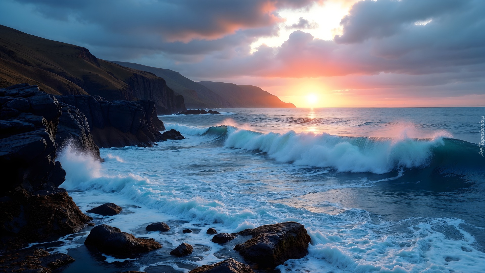 Morze, Fale, Zachód słońca, Skały, Klify, AI