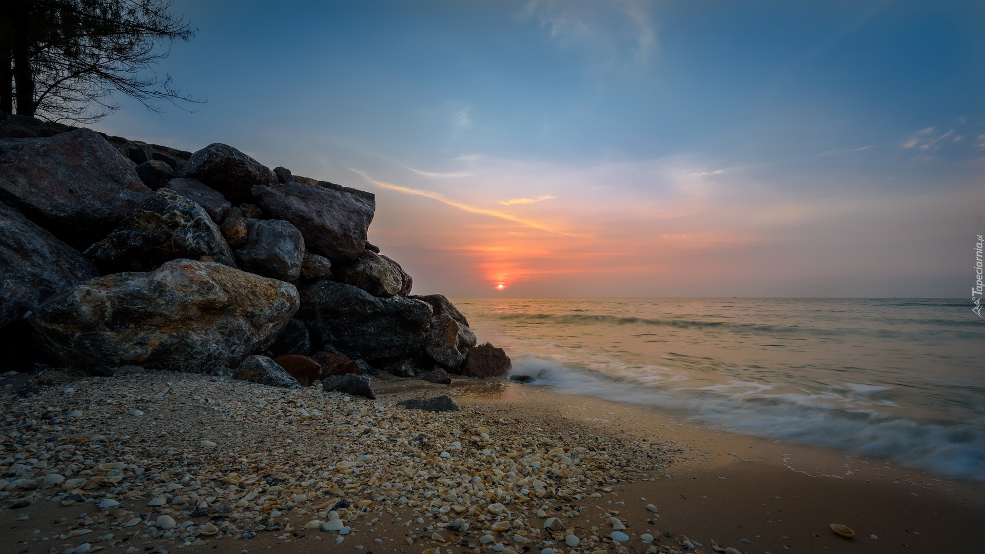 Morze, Skały, Kamienie, Plaża, Wschód słońca, Tajlandia