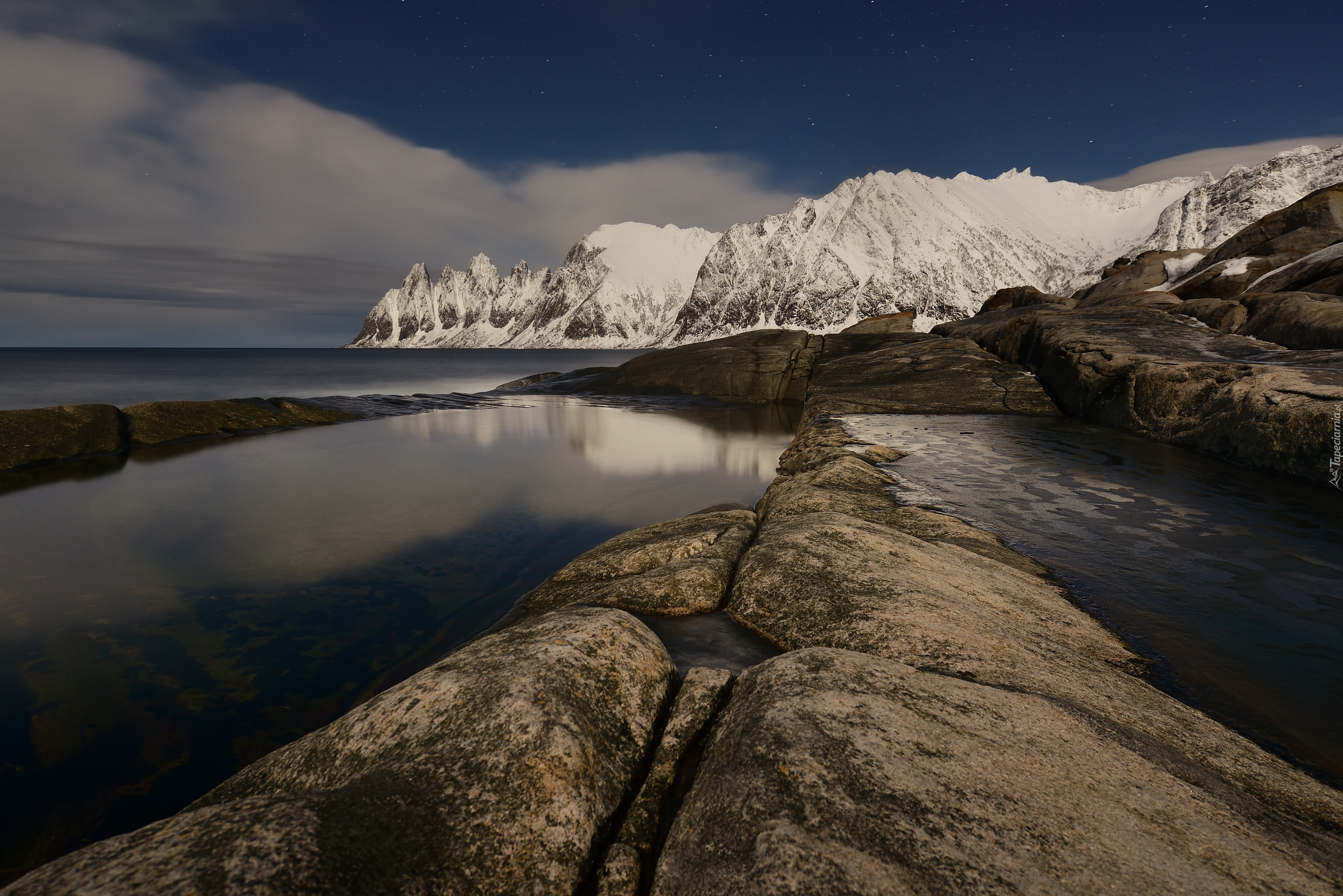 Morze, Skały, Ośnieżone, Góry, Wyspa Senja, Norwegia