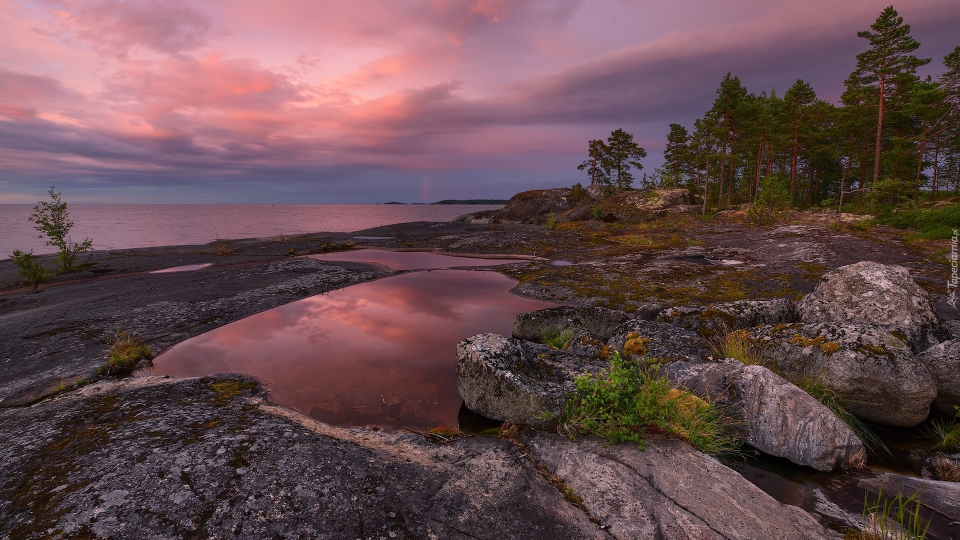 Rosja, Karelia, Jezioro, Ładoga, Skały, Drzewa, Roślinność, Chmury