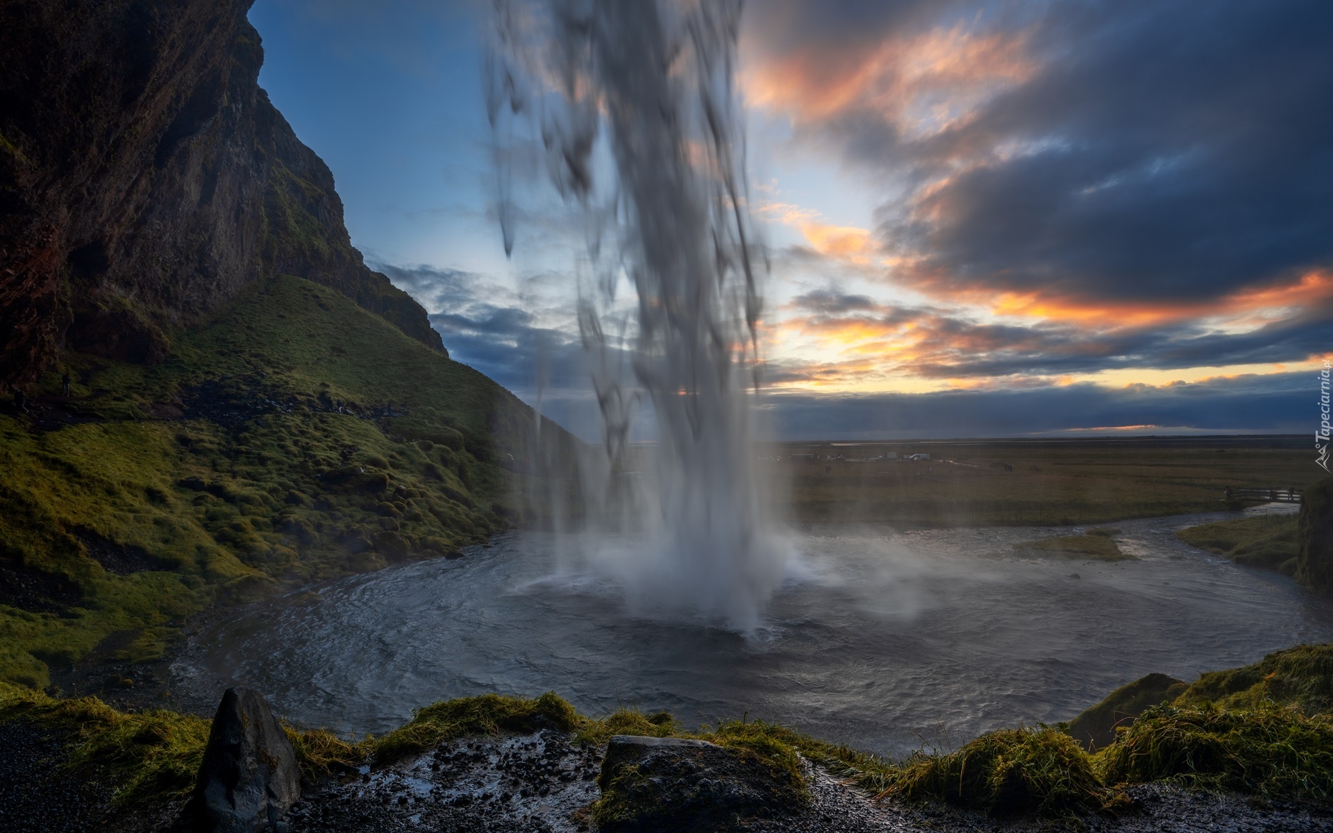 Islandia, Wodospad Seljalandsfoss, Skała, Chmury