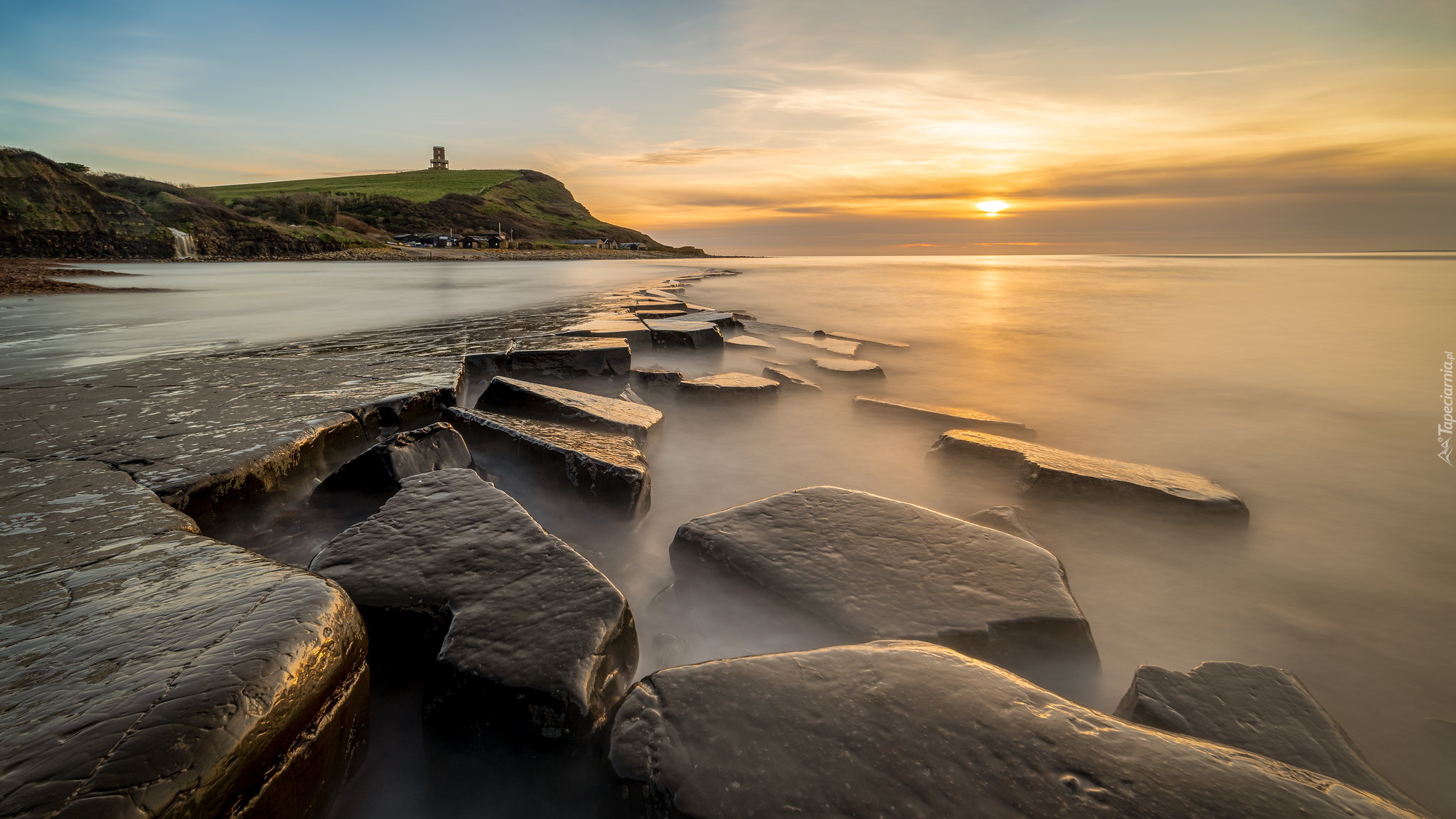 Zachód słońca, Morze, Skały, Zatoka Kimmeridge, Dorset, Anglia