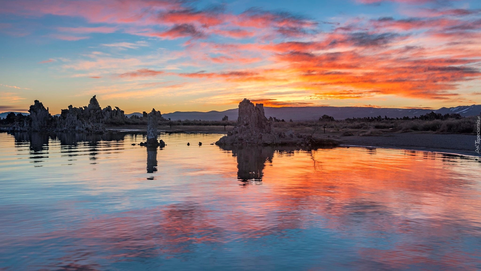 Jezioro, Mono Lake, Skały, Wschód słońca, Lee Vining, Kalifornia, Stany Zjednoczone