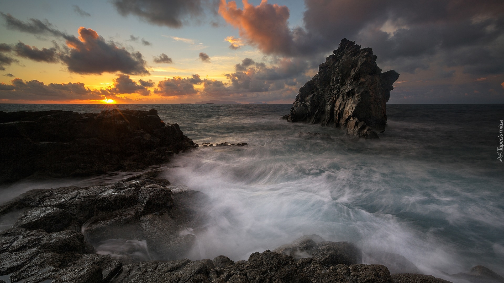 Zachód słońca, Ocean, Morze, Skały