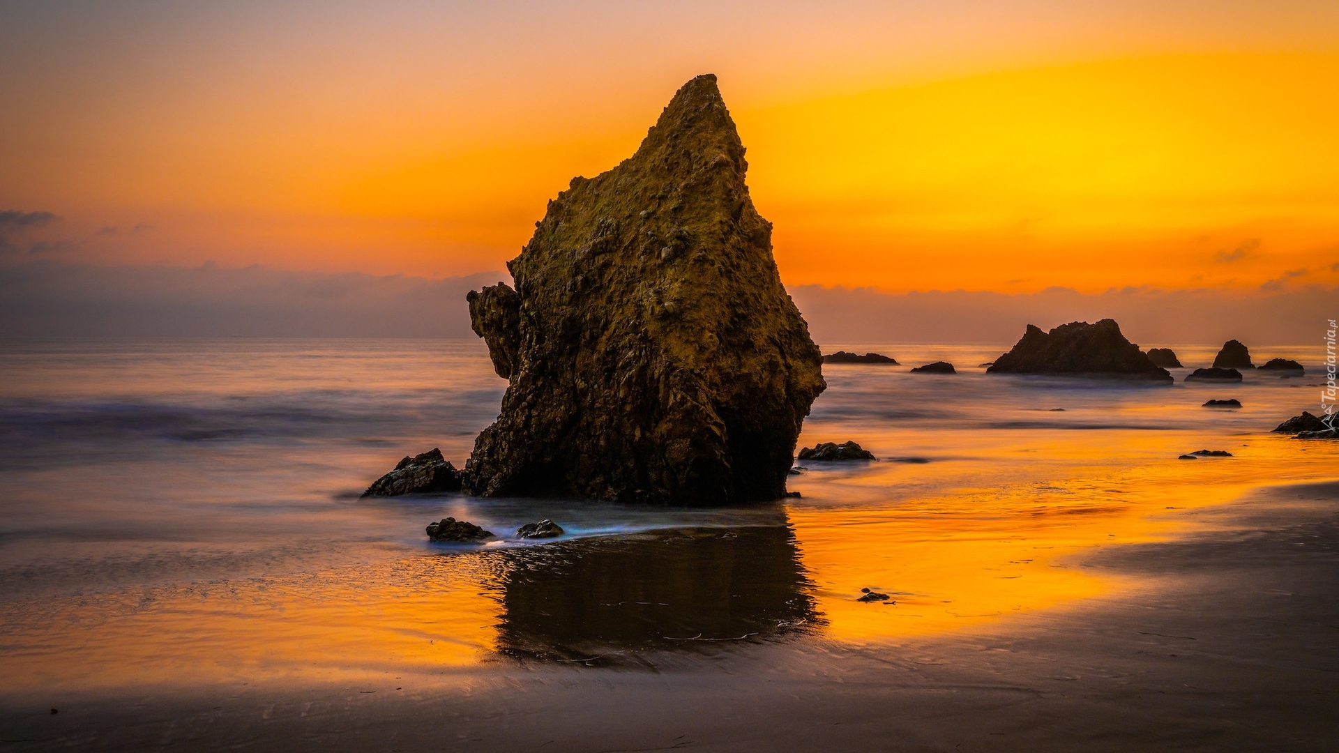 Morze, Skały, Zachód słońca, Plaża El Matador, Malibu, Kalifornia, Stany Zjednoczone