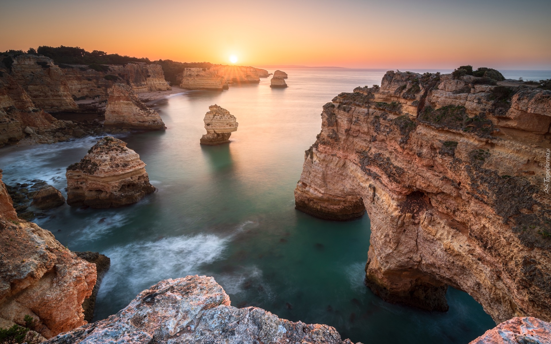 Wybrzeże, Skały, WSchód słońca, Morze, Region Algarve, Portugalia