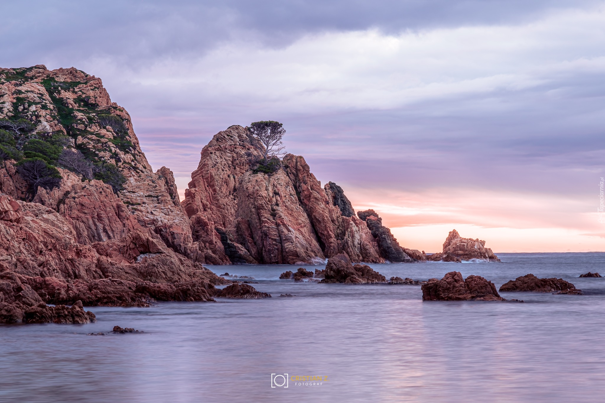 Wschód słońca, Morze, Wybrzeże, Costa Brava, Skały, Drzewa, Katalonia, Hiszpania