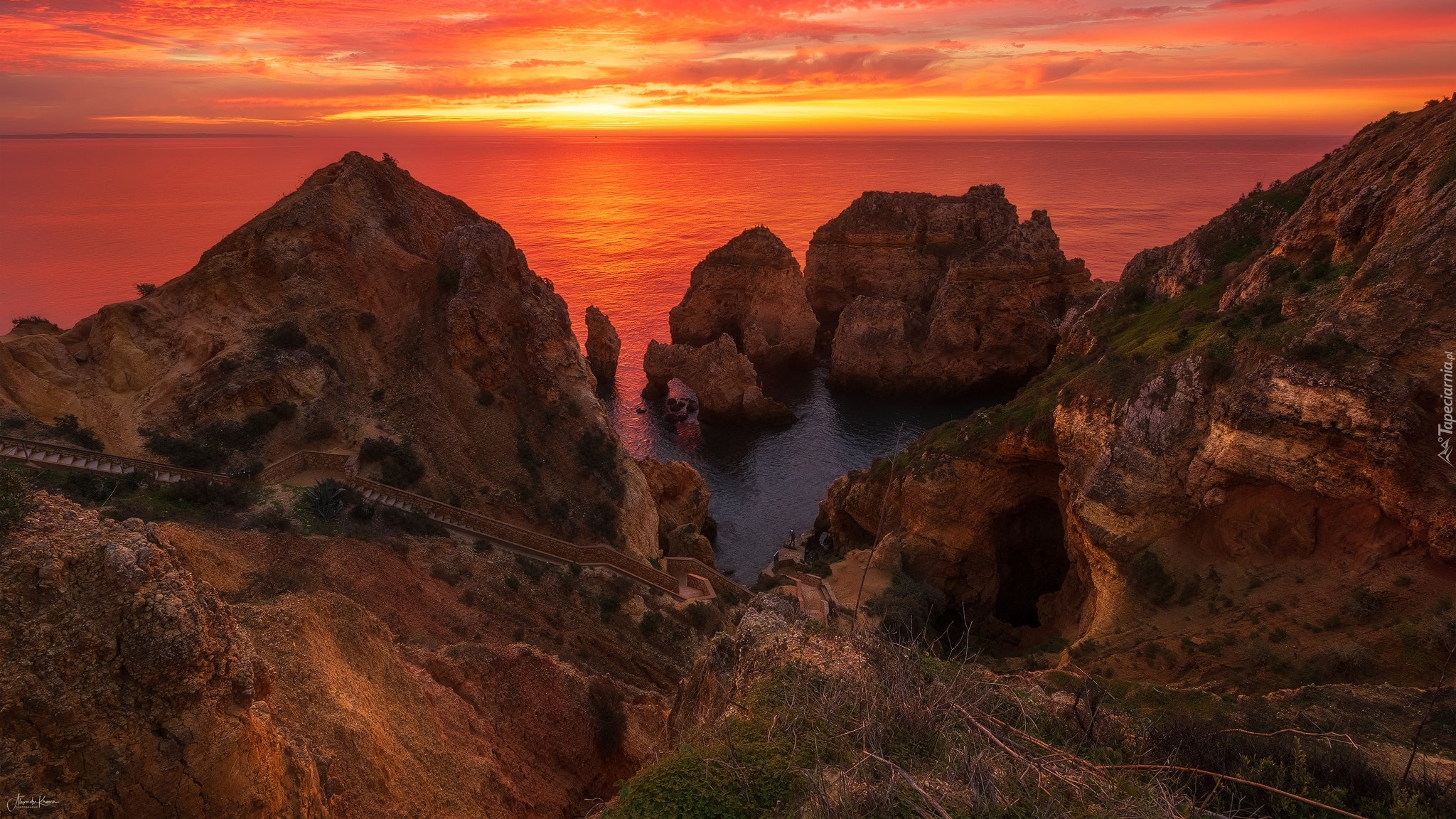 Portugalia, Algarve, Morze, Skały, Zachód słońca