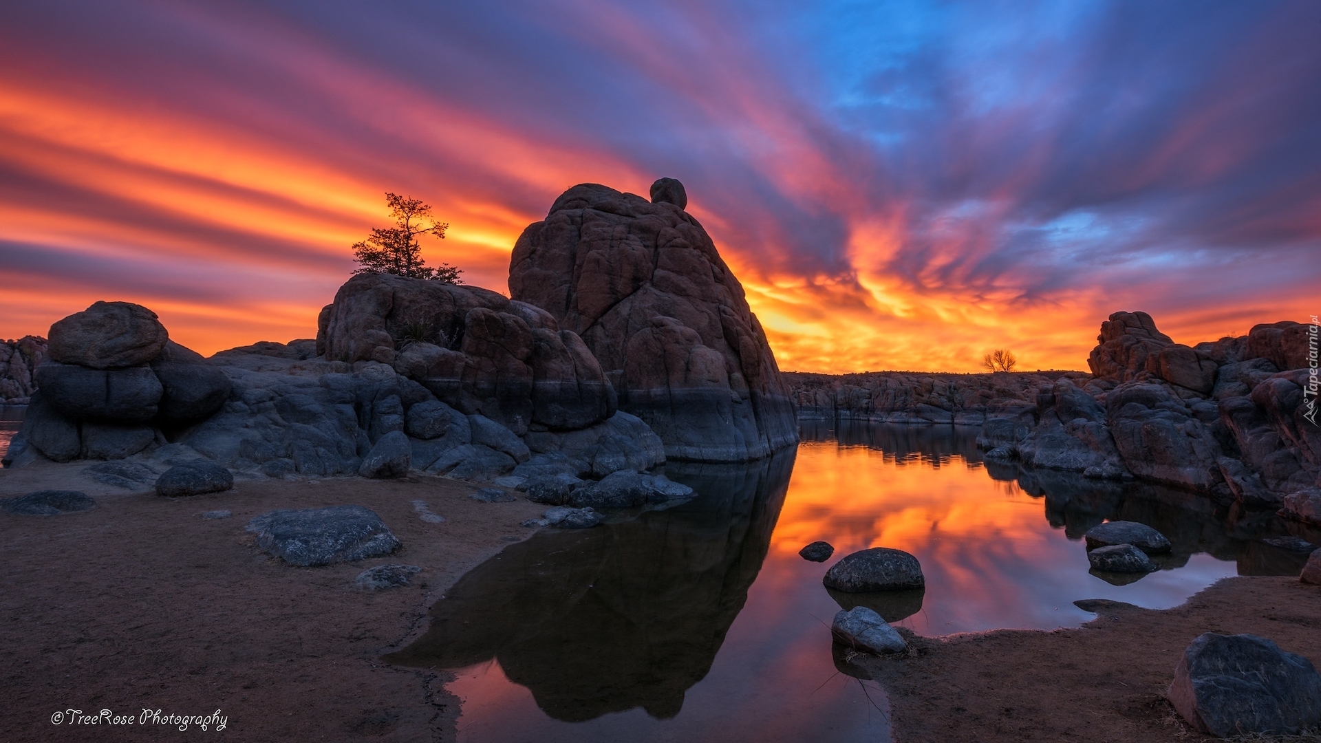 Zachód słońca, Jezioro, Watson Lake, Skały, Odbicie, Prescott, Arizona, Stany Zjednoczone