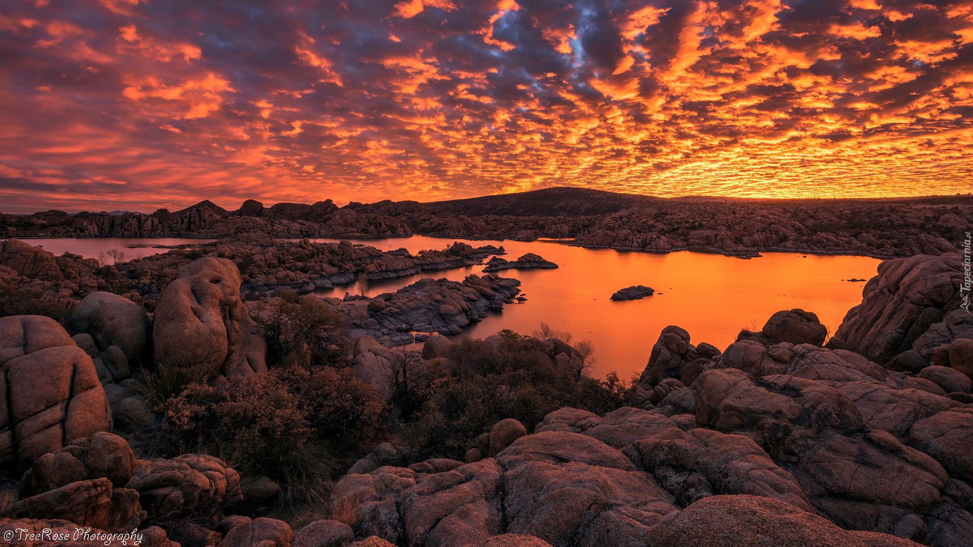 Wschód słońca, Chmury, Jezioro, Watson Lake, Skały, Prescott, Arizona, Stany Zjednoczone