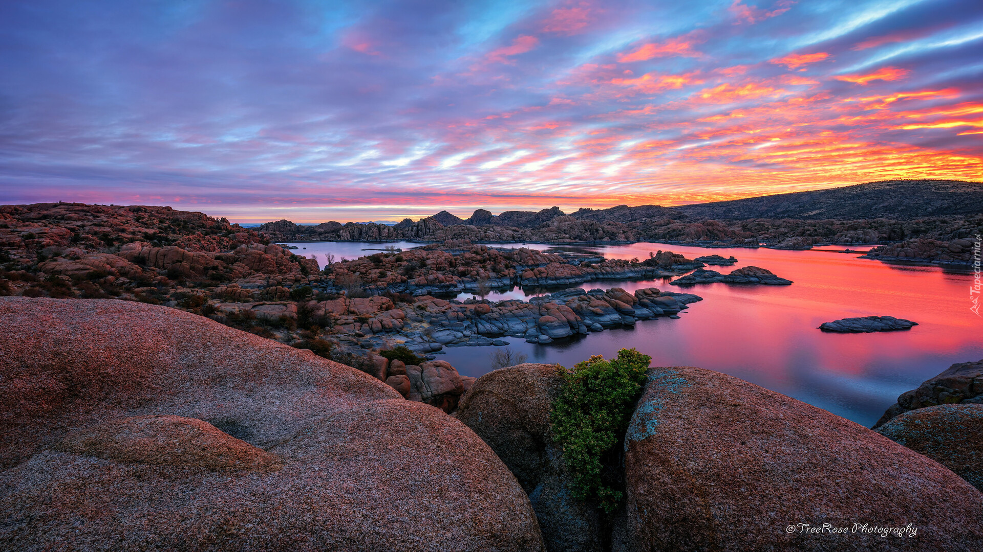 Kolorowe, Niebo, Wschód słońca, Jezioro, Watson Lake, Skały, Prescott, Arizona, Stany Zjednoczone