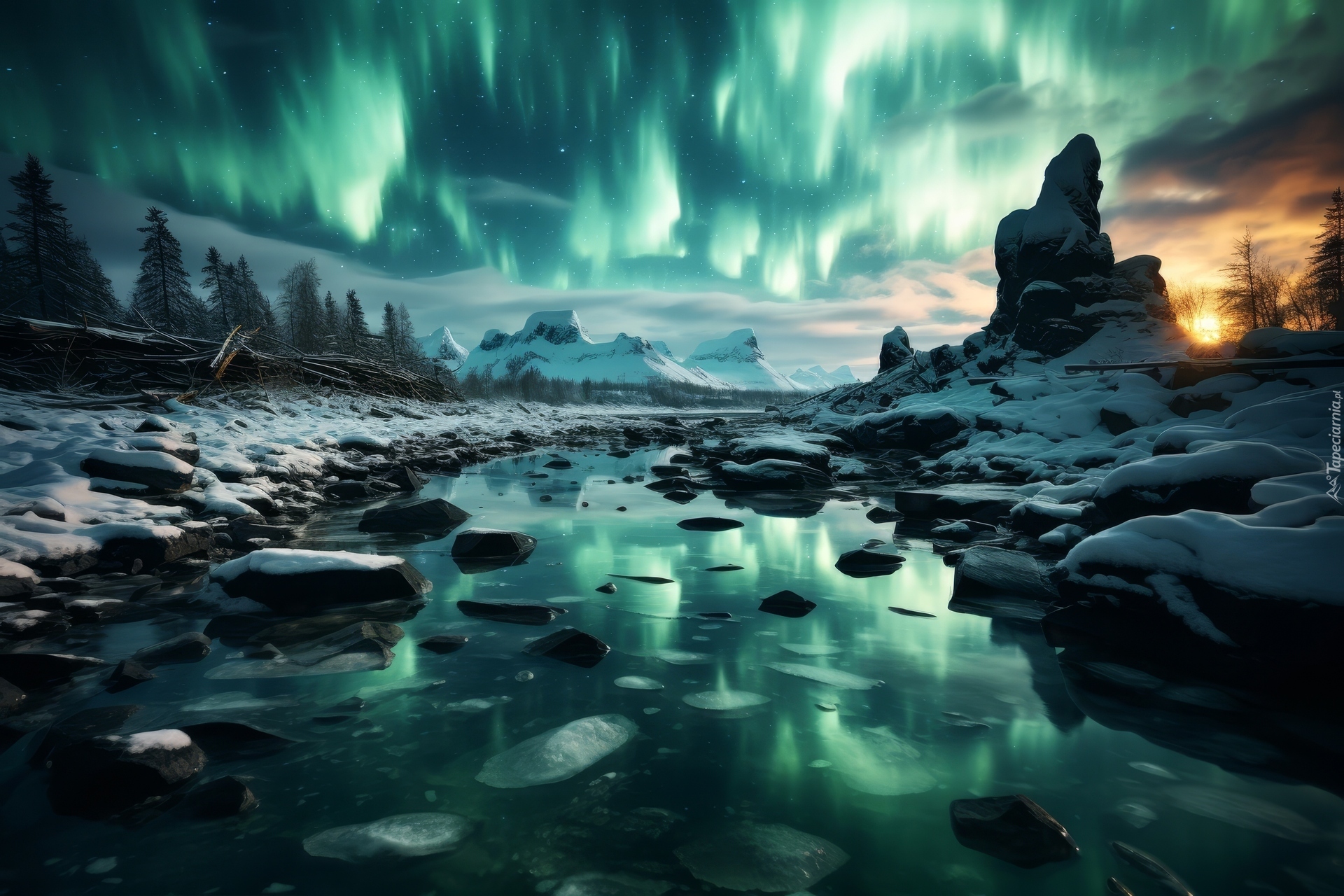 Rzeka, Skały, Zima, Zorza polarna, Zachód słońca, Odbicie