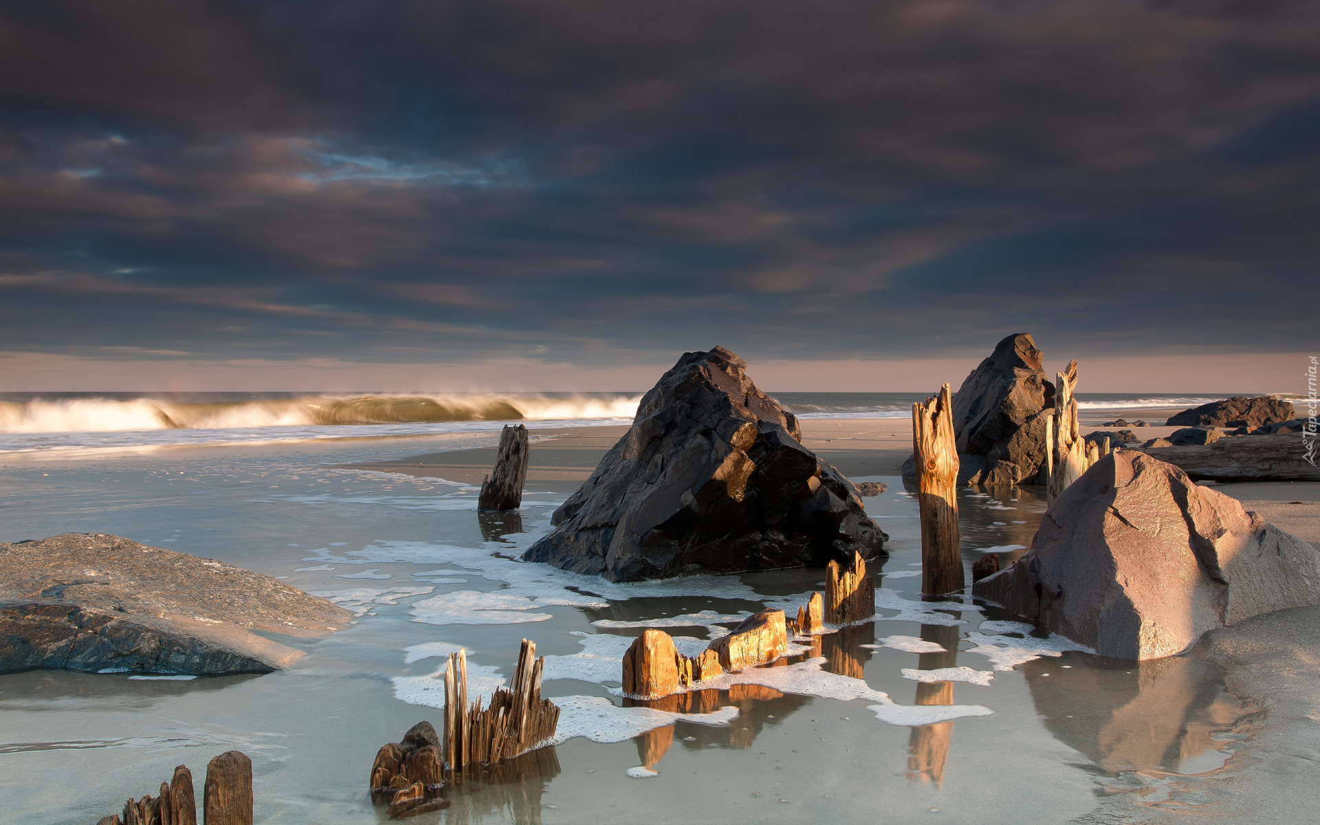 Skały, Plaża, Ocean, Fale