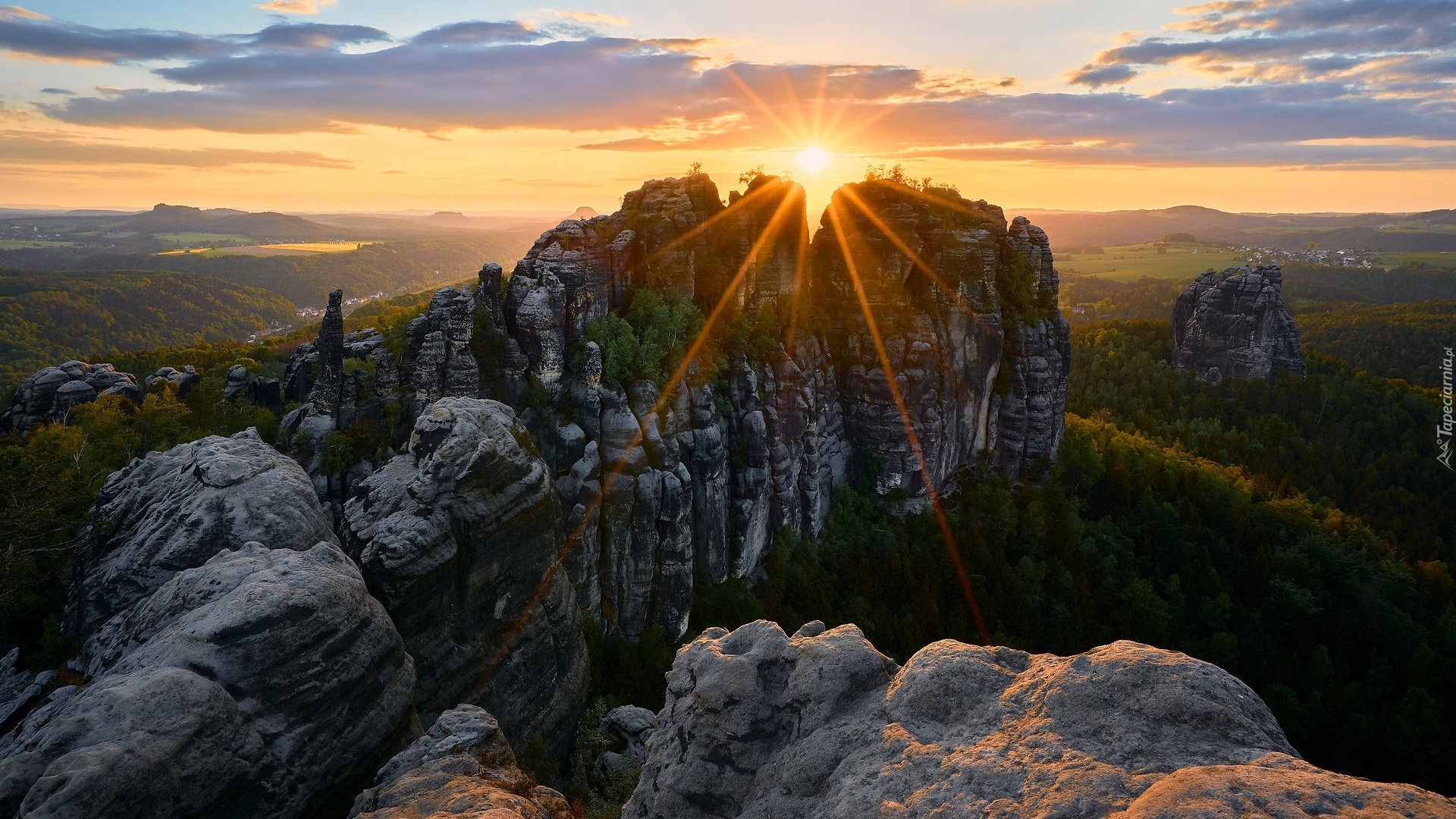 Park Narodowy Saskiej Szwajcarii, Skały, Schrammsteine, Góry Połabskie, Niemcy, Zachód słońca