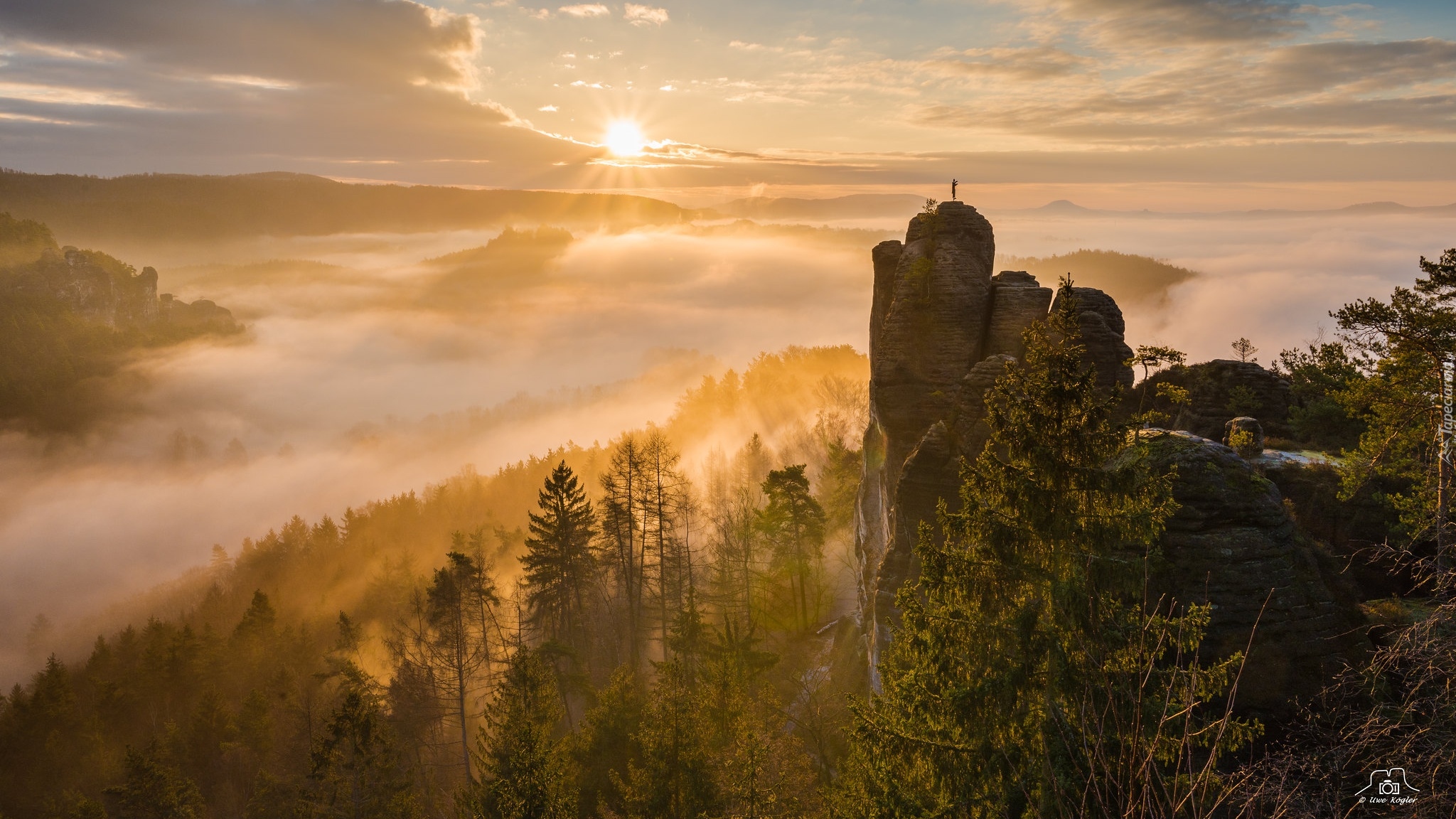 Niemcy, Park Narodowy Saskiej Szwajcarii, Wschód słońca, Skały, Góry Połabskie, Mgła, Drzewa