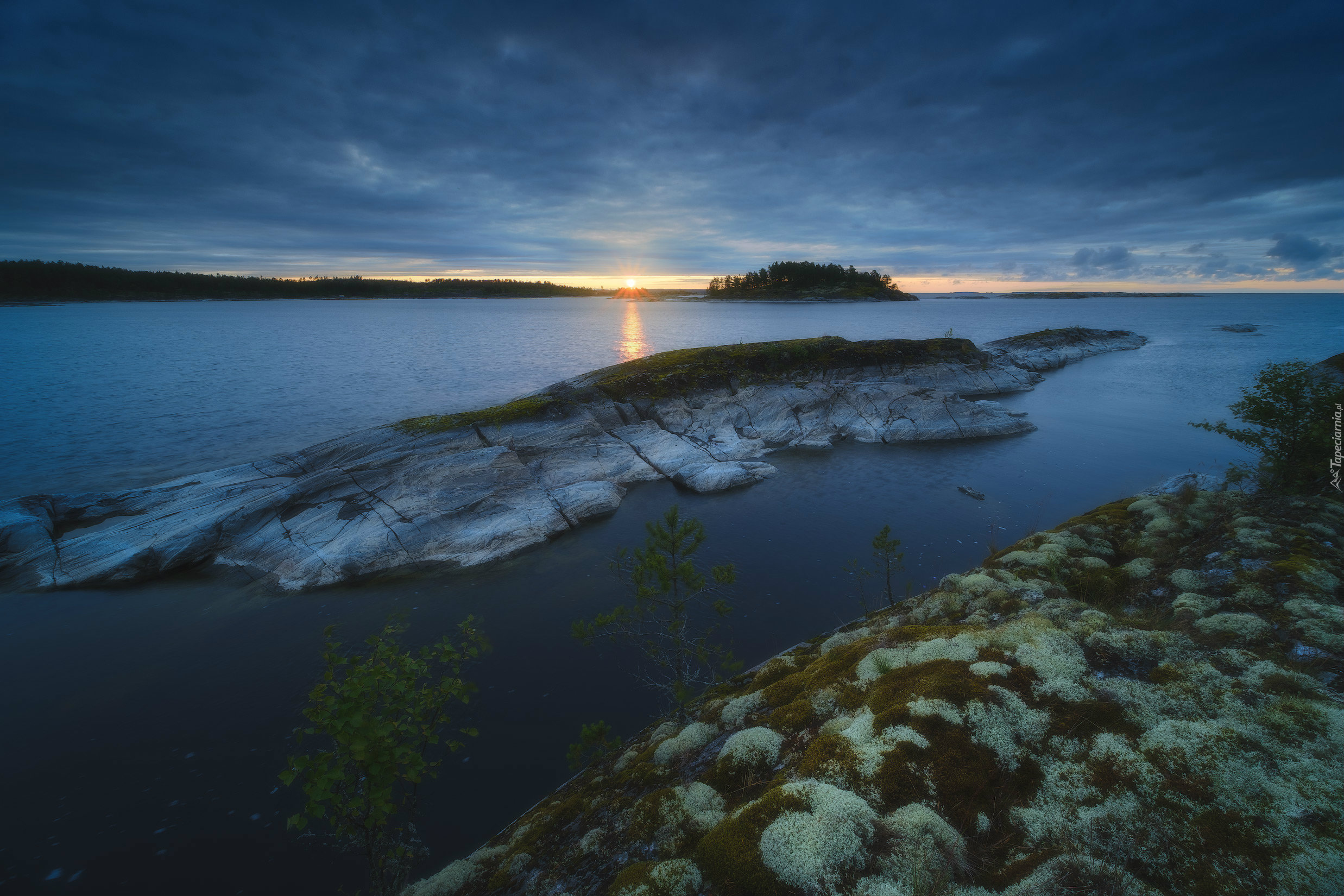 Jezioro Ładoga, Republika Karelii, Rosja, Skały, Drzewa, Wschód słońca