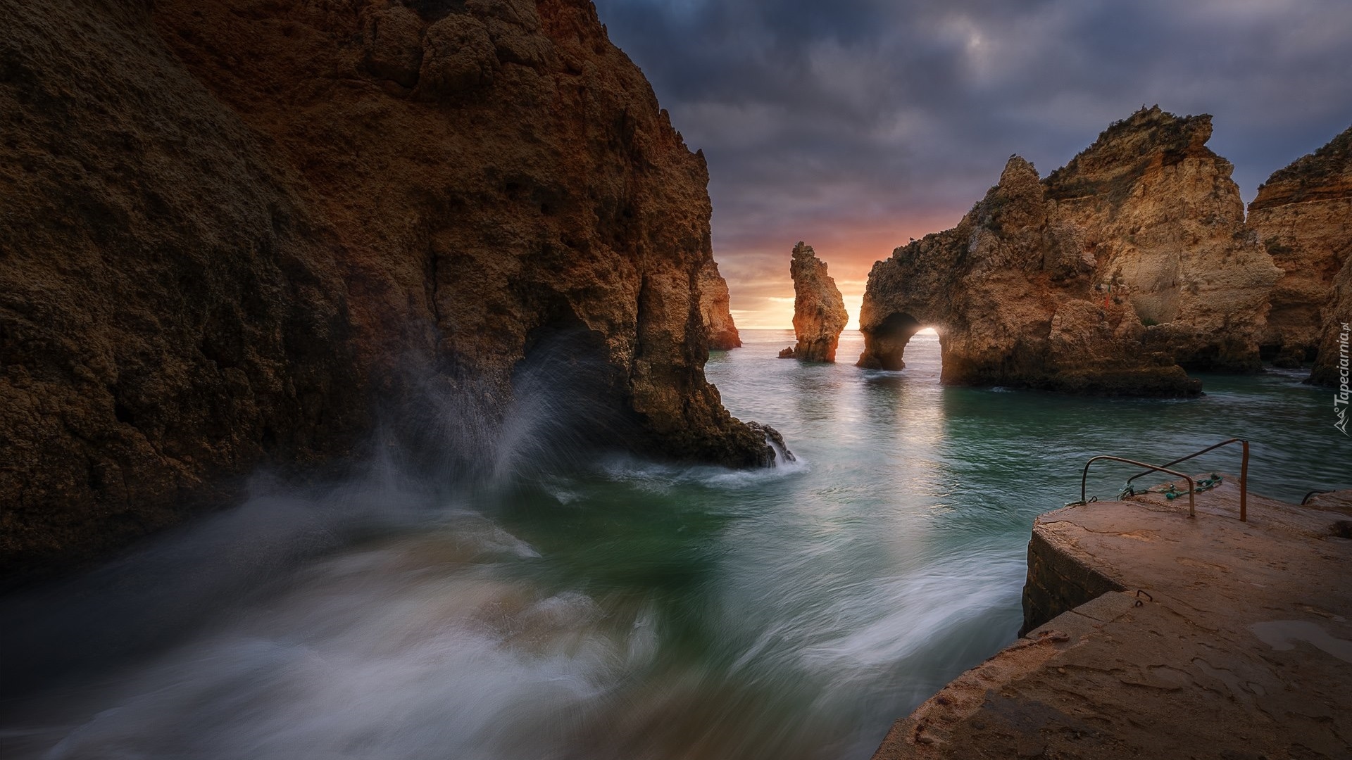 Morze, Skały, Zachód słońca, Cypel Ponta da Piedade, Portugalia