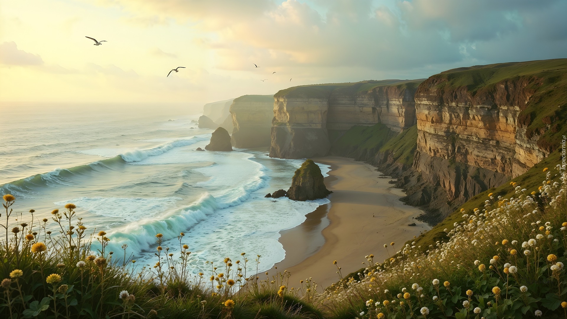 Morze, Wybrzeże, Skały, Klify, Plaża, Ptaki, AI
