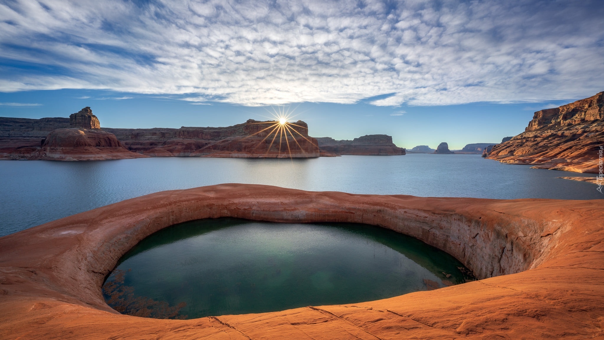 Stany Zjednoczone, Utah, Jezioro, Lake Powell, Skały, Promienie słońca