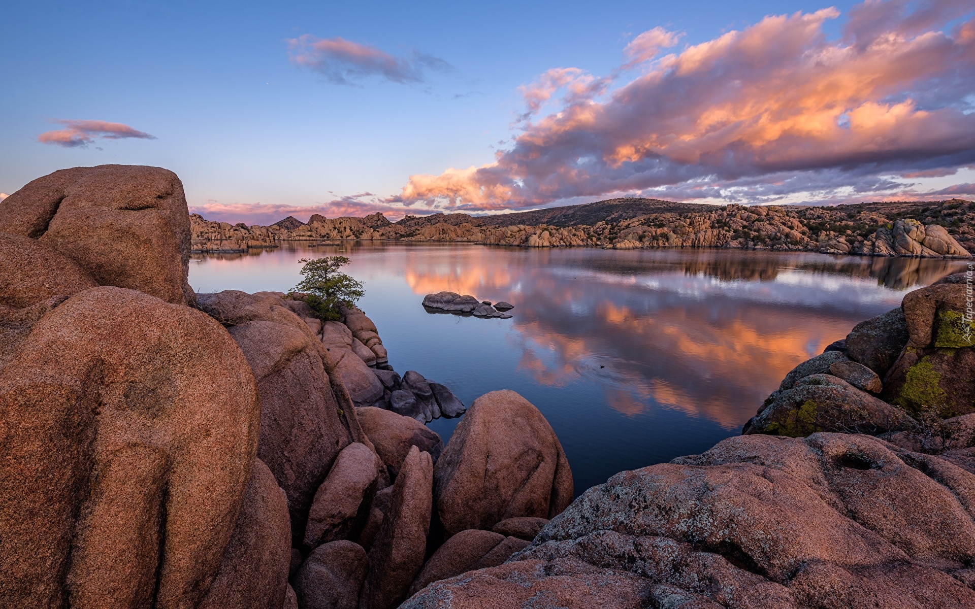 Skały, Jezioro, Watson Lake, Chmury, Prescott, Arizona, Stany Zjednoczone