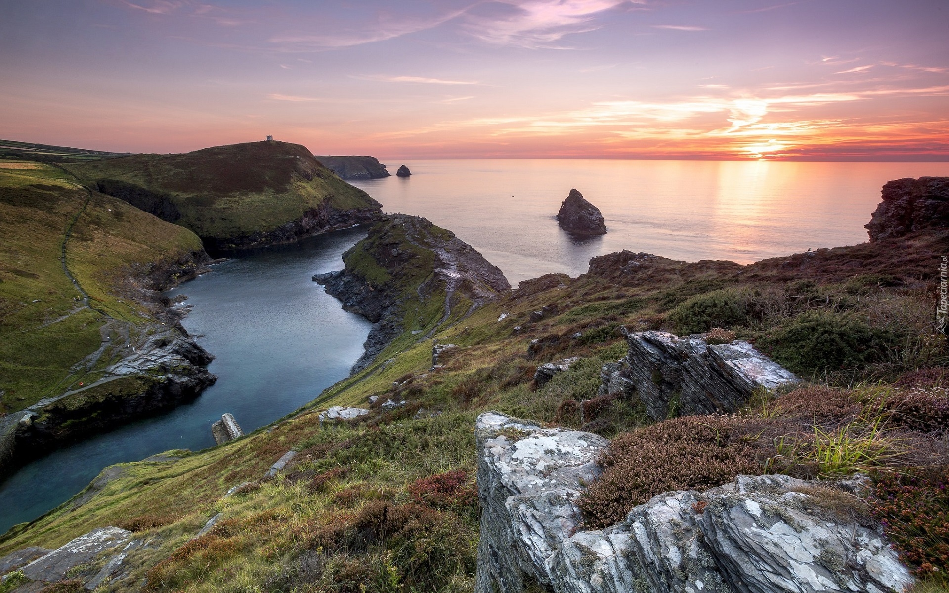 Boscastle, Morze Celtyckie, Skały, Zachód słońca, Roślinność, Kornwalia, Anglia