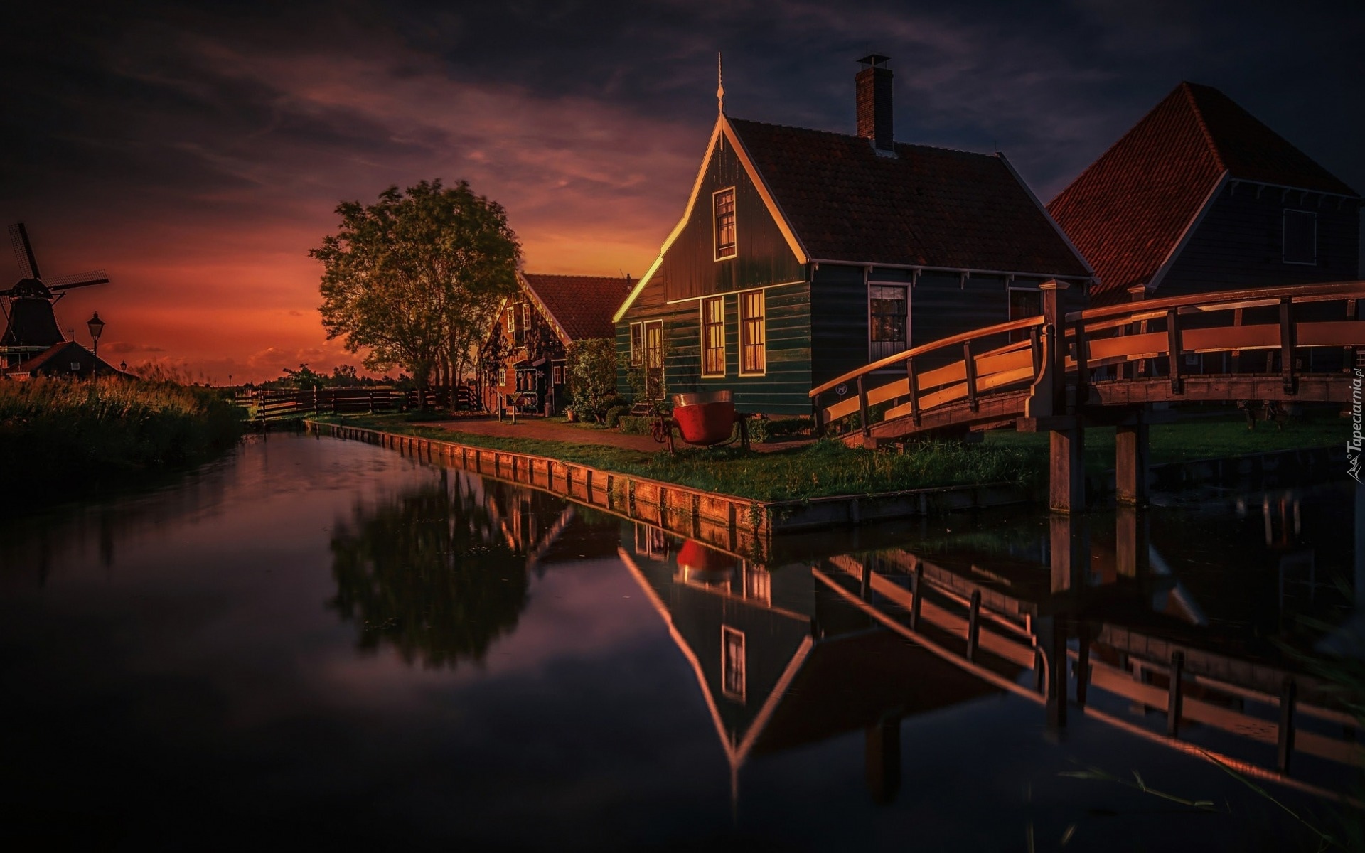 Holandia, Skansen Zaanse Schans, Domy, Rzeka, Zachód słońca, Most