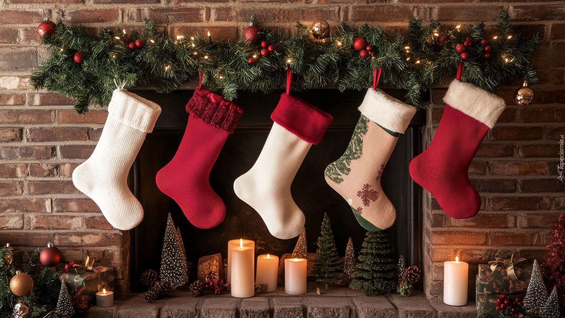 Boże Narodzenie, Dekoracja, Wiszące, Skarpety, Ściana, Stroik, Świece, Prezenty, Bombki