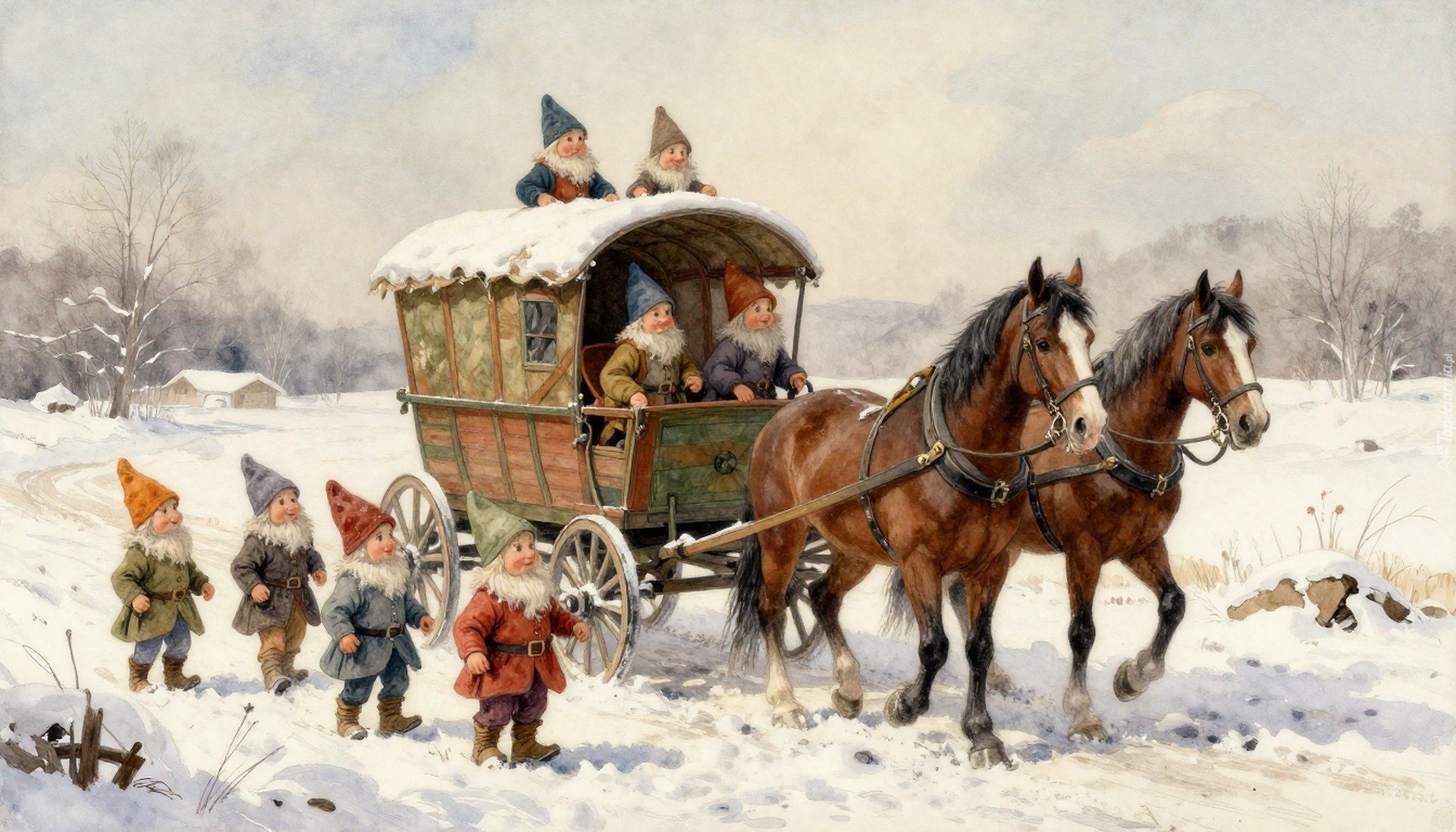 Zima, Wóz, Konie, Skrzaty, Grafika