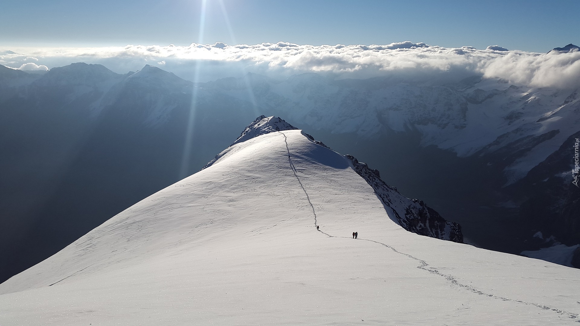 Alpinizm, Ślady, Góry, Zima, Chmury