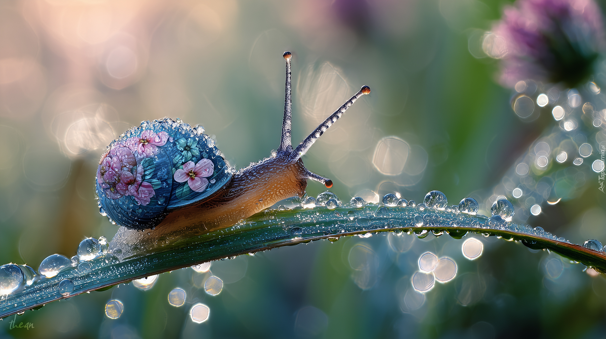 Ślimak, Muszla, Kwiaty, Trawa, Źdźbło, Krople, Rosa, Grafika AI