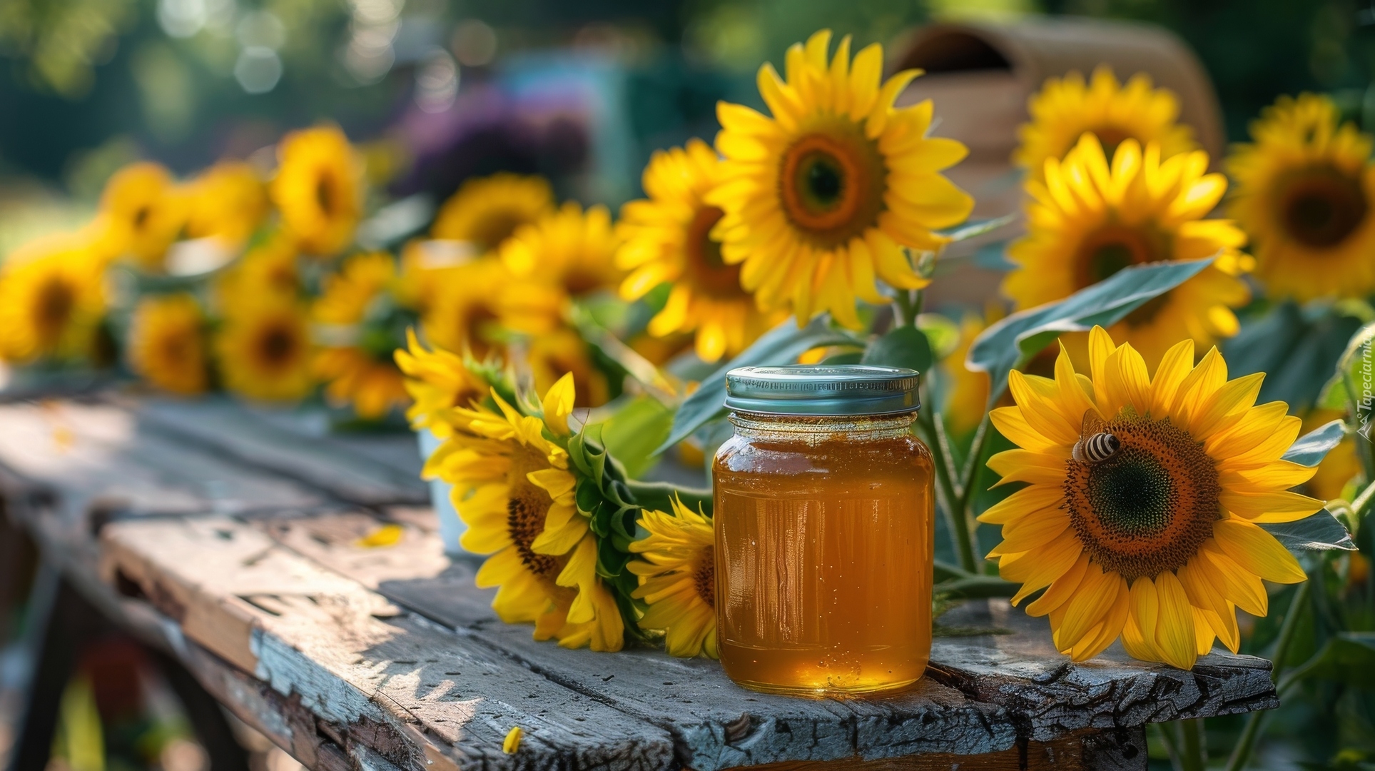 Słoik, Miód, Słoneczniki ozdobne, Ławka