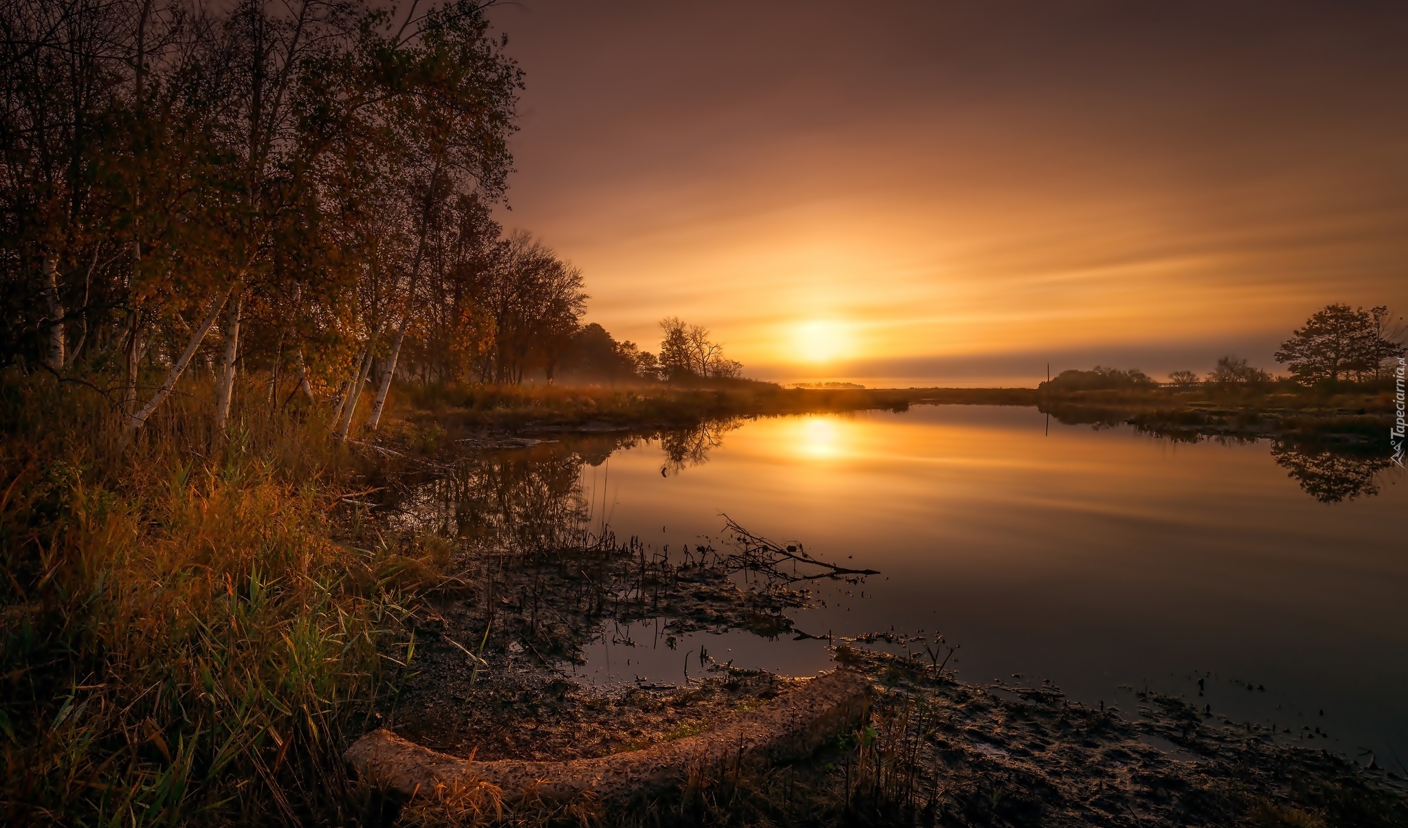 Jezioro, Jesień, Drzewa, Zachód słońca