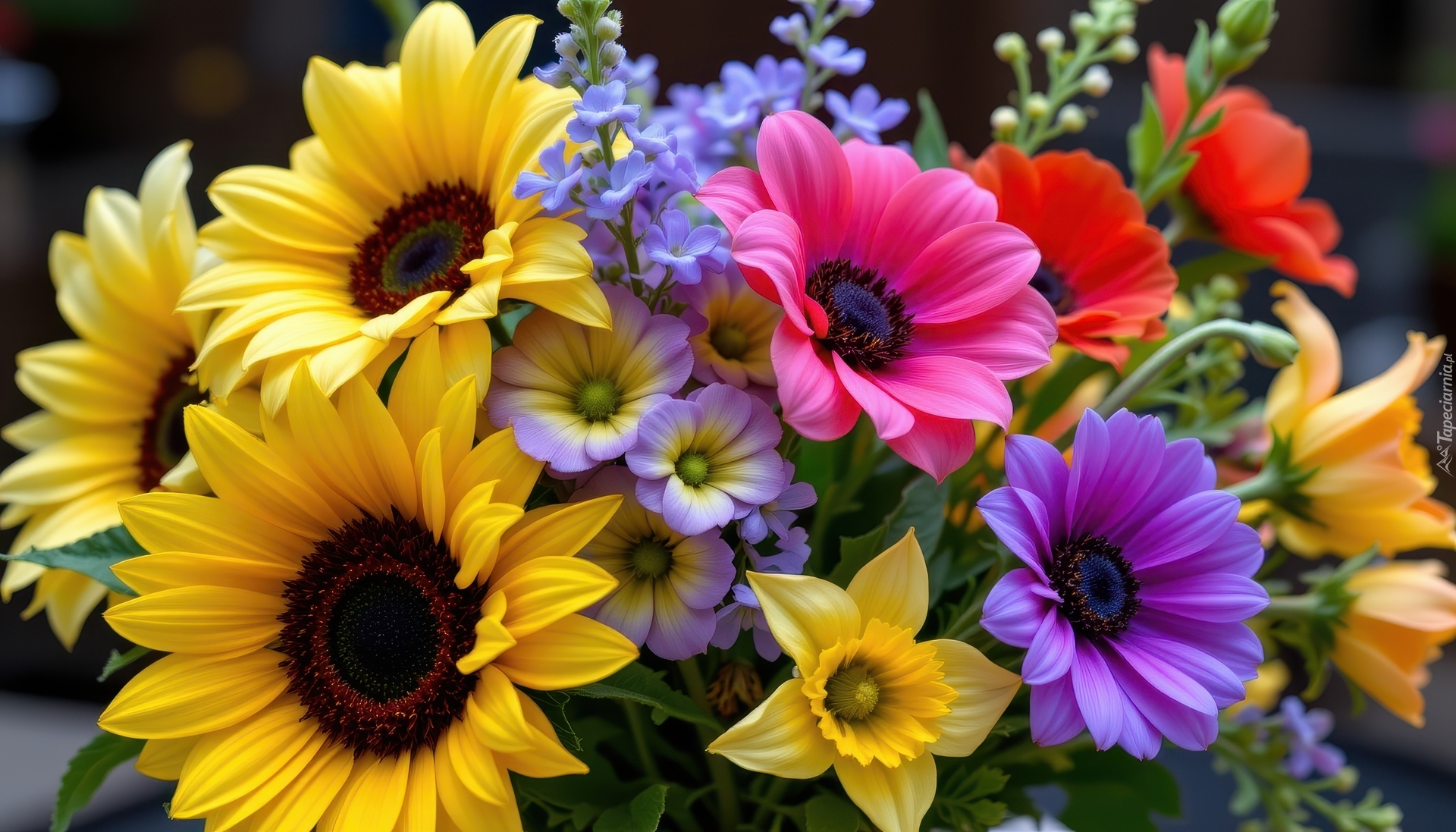 Kwiaty, Bukiet, Słoneczniki, Narcyzy żonkile, AI