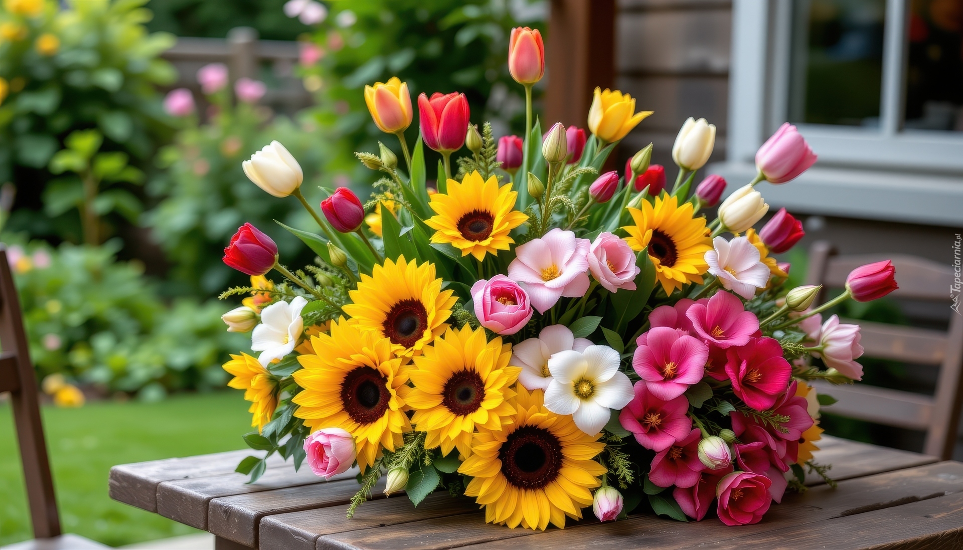 Kwiaty, Słoneczniki, Tulipany, Bukiet