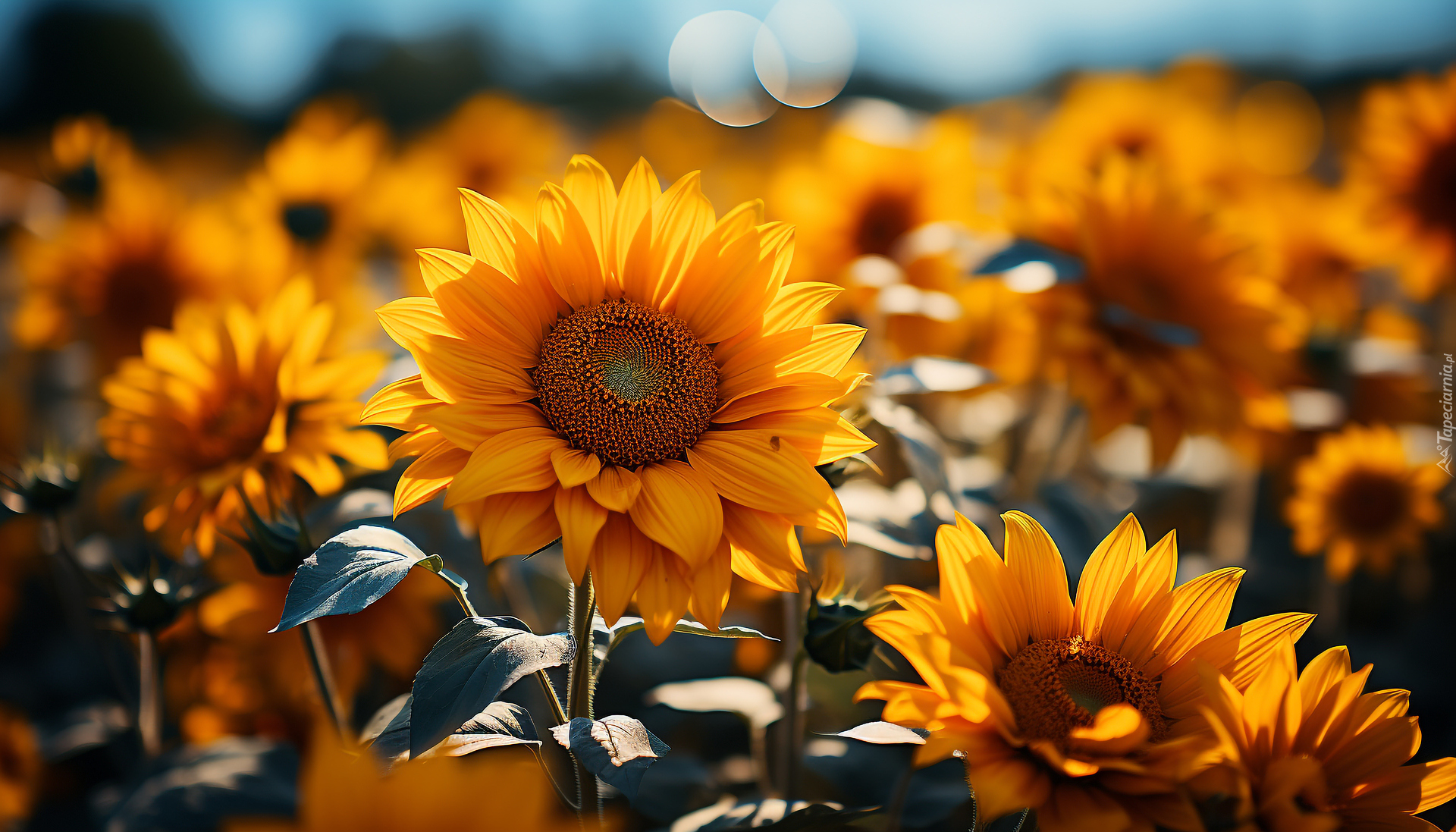 Kwiaty, Żółte, Słoneczniki, Liście