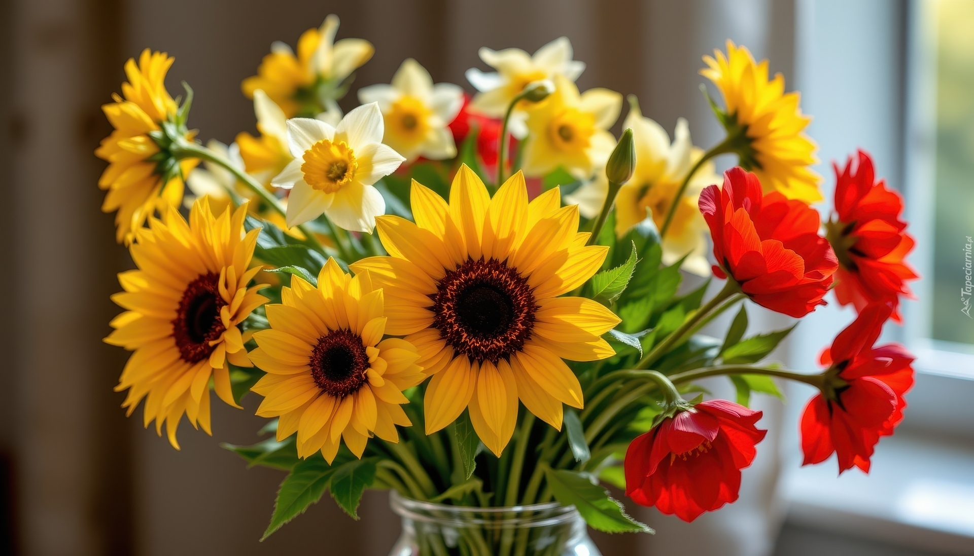 Bukiet kwiatów, Maki, Słoneczniki, Narcyzy